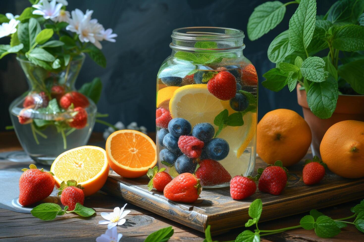 AI generated A snapshot of a table set with refreshing infused water, fresh fruits photo