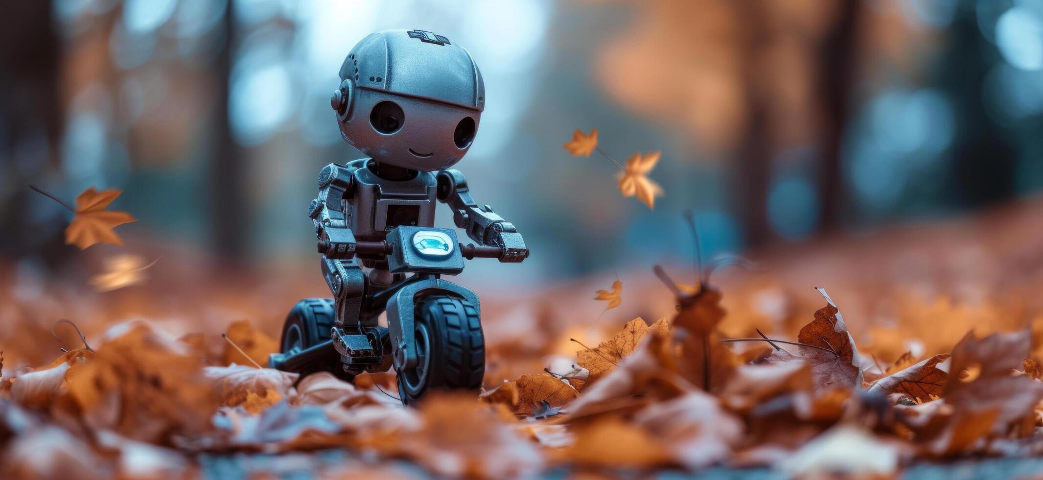 AI generated a tiny metal robot riding a toy bike in autumn photo