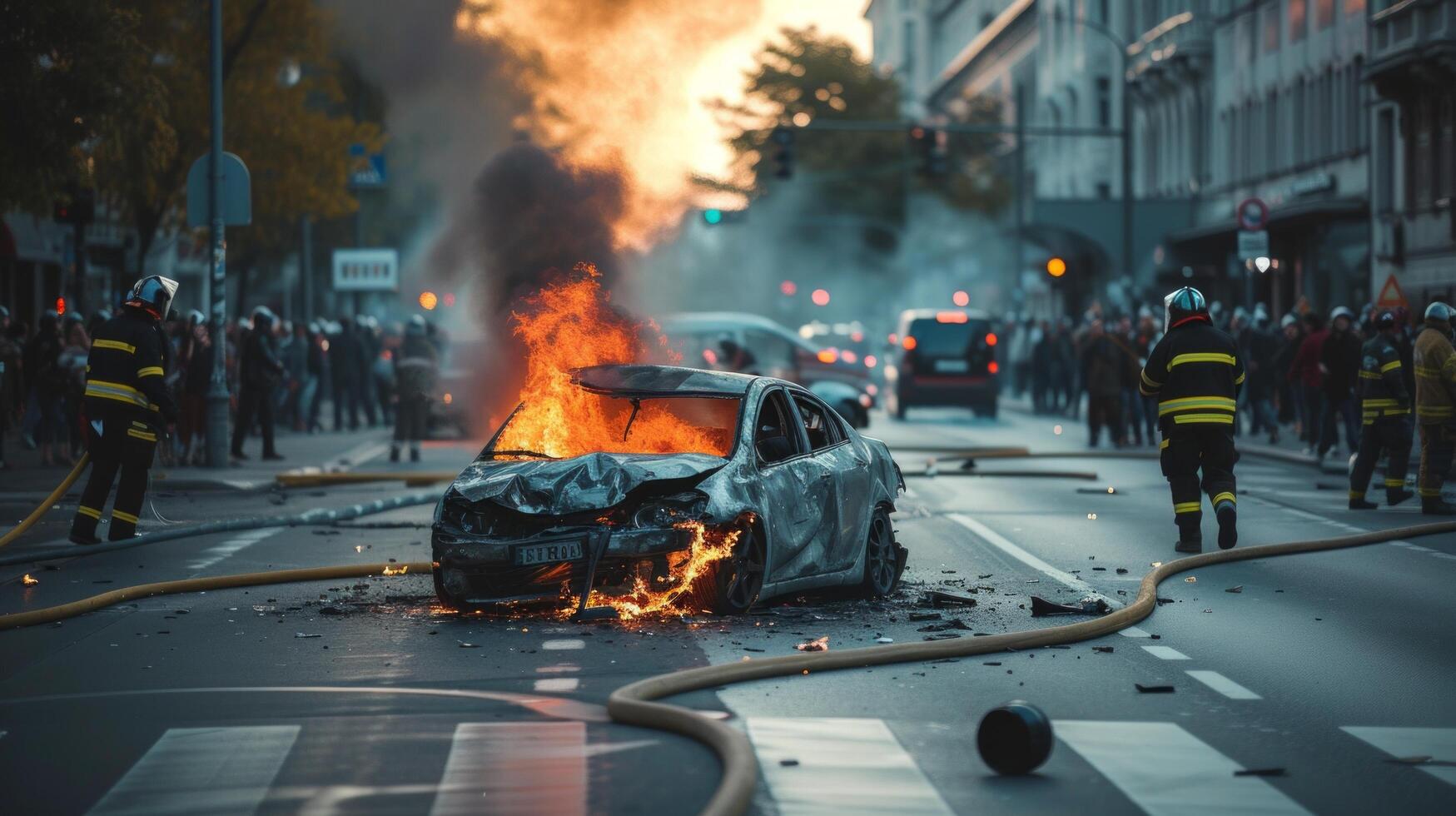 AI generated A two-car accident in the middle of the road in a big city photo