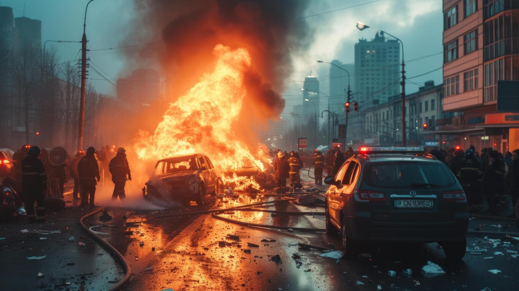 AI generated A two-car accident in the middle of the road in a big city photo