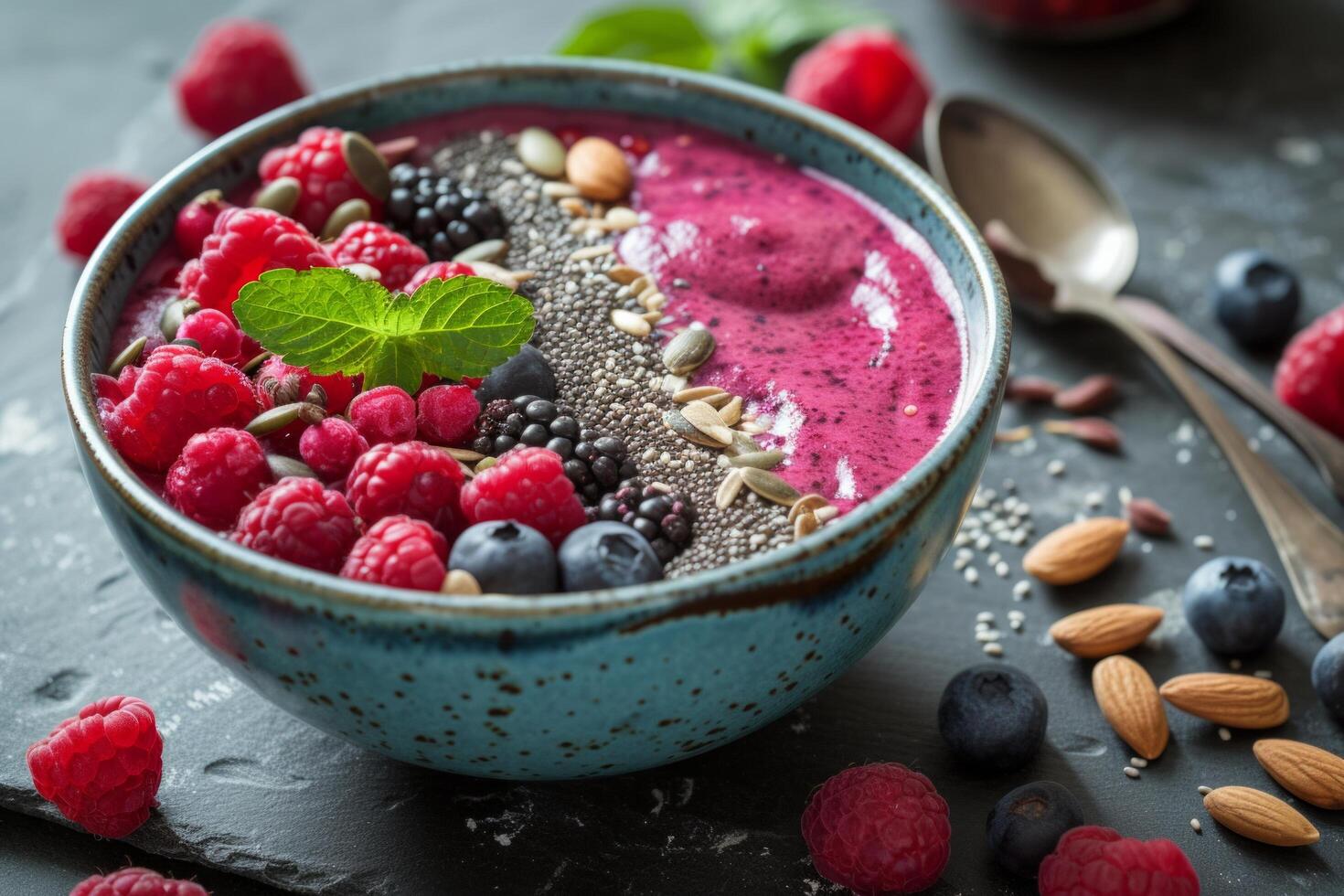 AI generated A vibrant and nutrient-packed smoothie bowl adorned with an assortment of superfoods like berries photo
