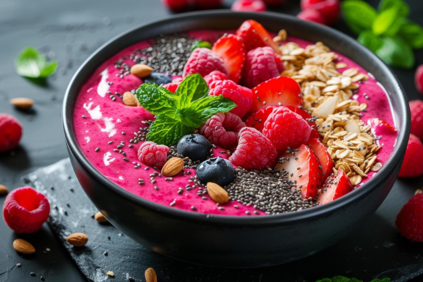 AI generated A vibrant and nutrient-packed smoothie bowl adorned with an assortment of superfoods like berries photo