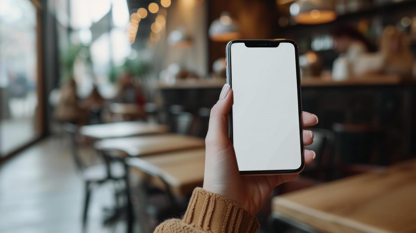 AI generated A Woman's Hand Holding a Phone with White Blank Screen at a Coffee Shop photo