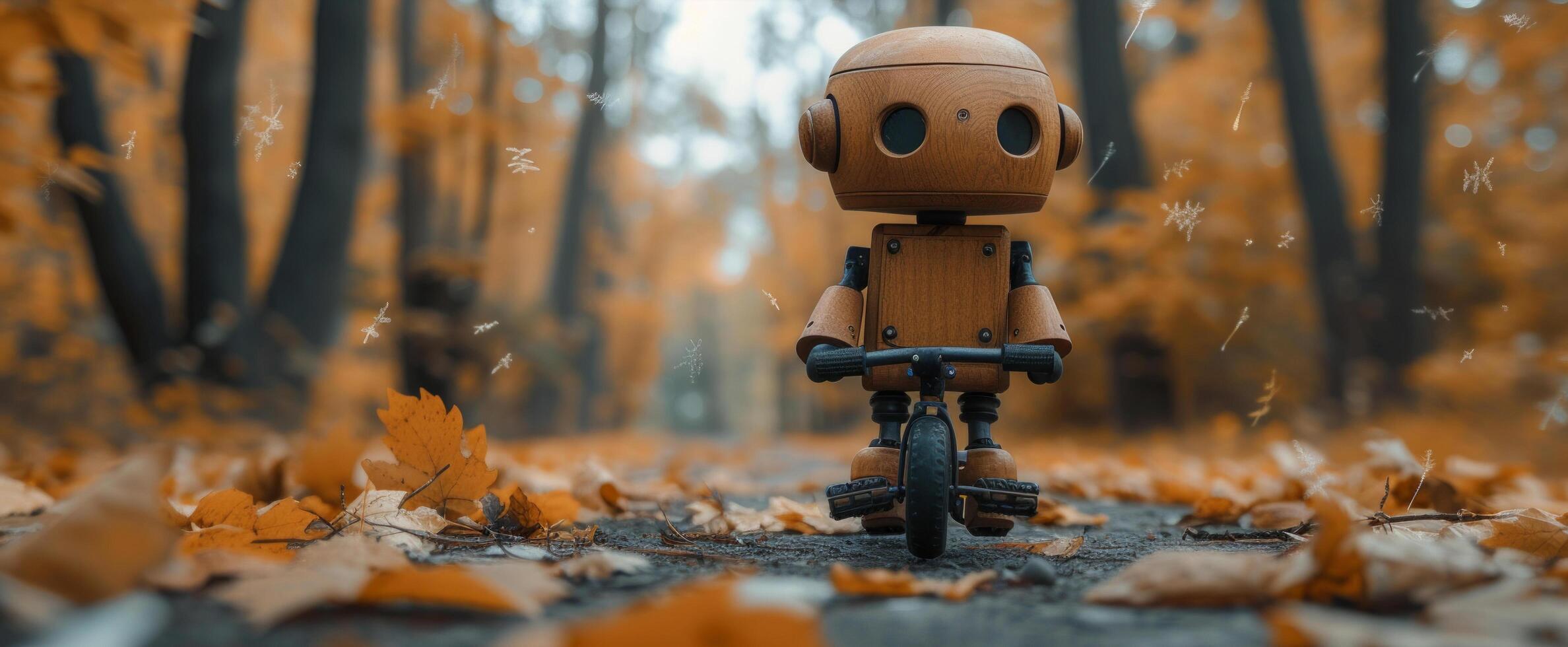 AI generated a wooden robot on a bicycle on the pathway in autumn photo