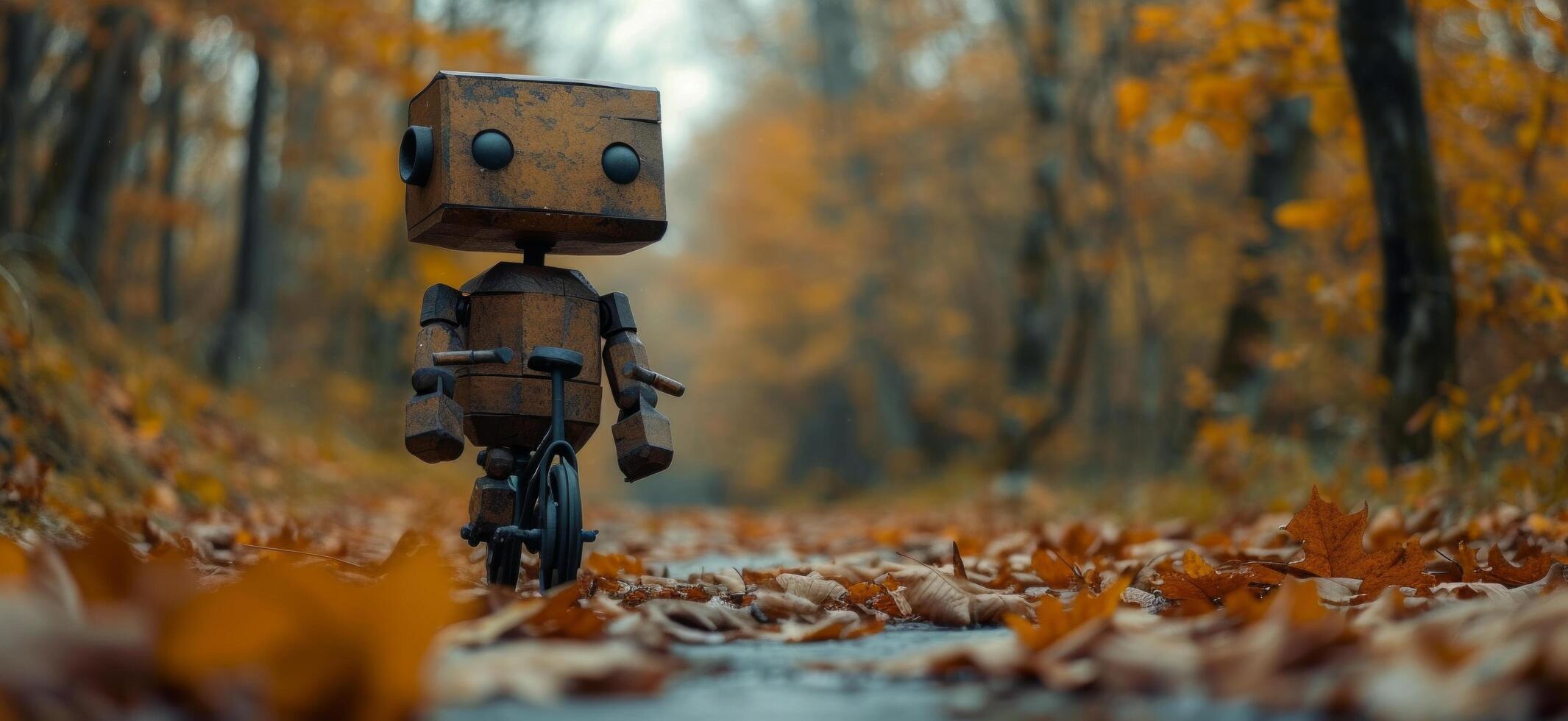 AI generated a wooden robot on a bicycle on the pathway in autumn photo