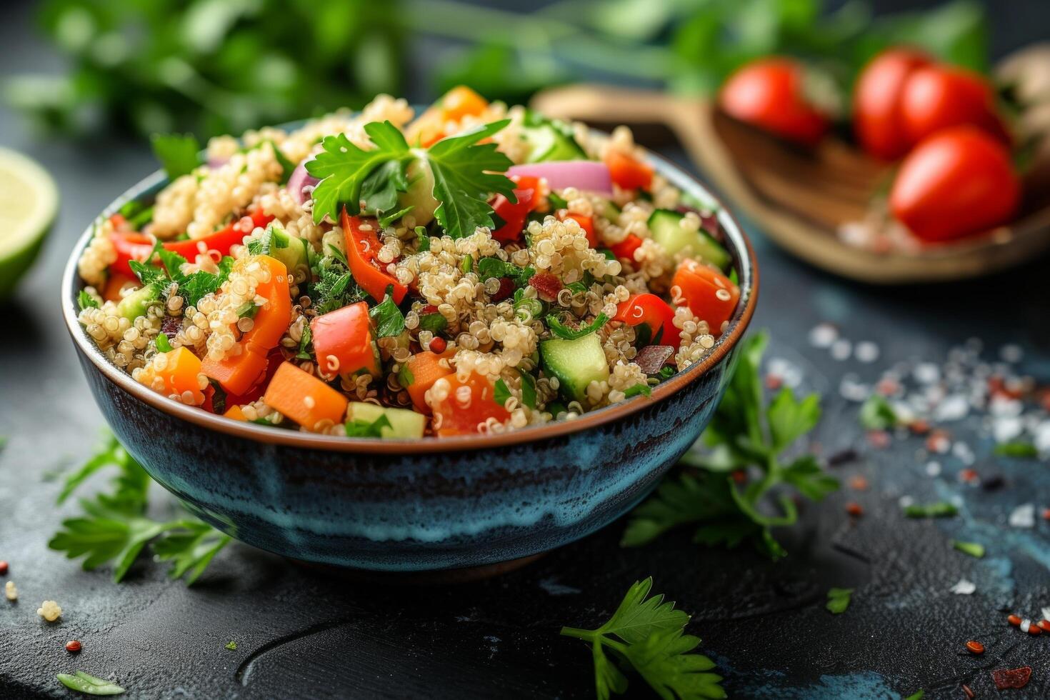 AI generated An appetizing bowl filled with a quinoa salad adorned with a variety of crunchy vegetables and herbs photo