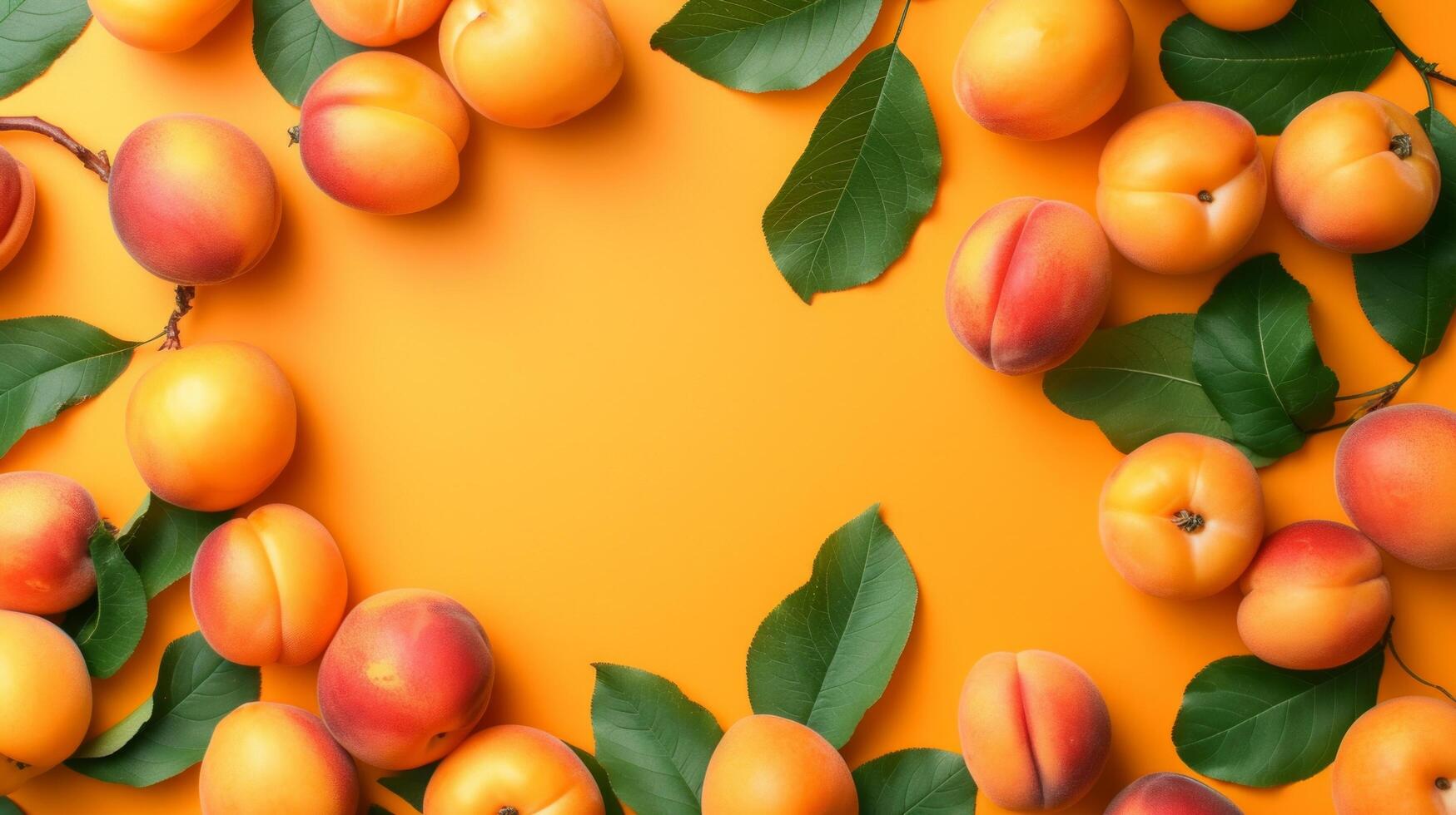 AI generated Apricots with leaves arranged on an orange background, viewed from the top in a flat lay style photo