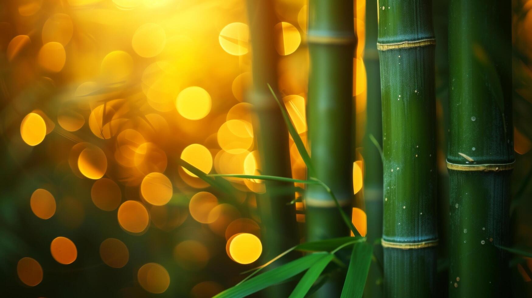AI generated bamboo close up background with bokeh lights, large copyspace area, offcenter composition photo