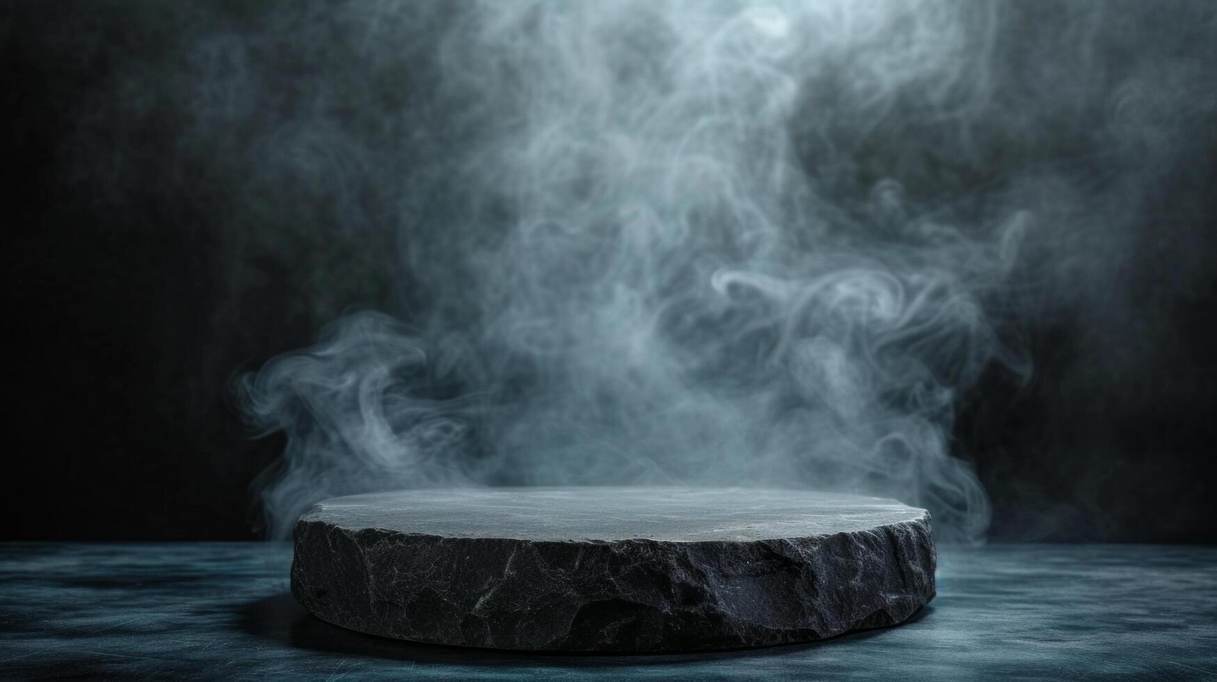 AI generated black stone podium on a dark background with smoke photo