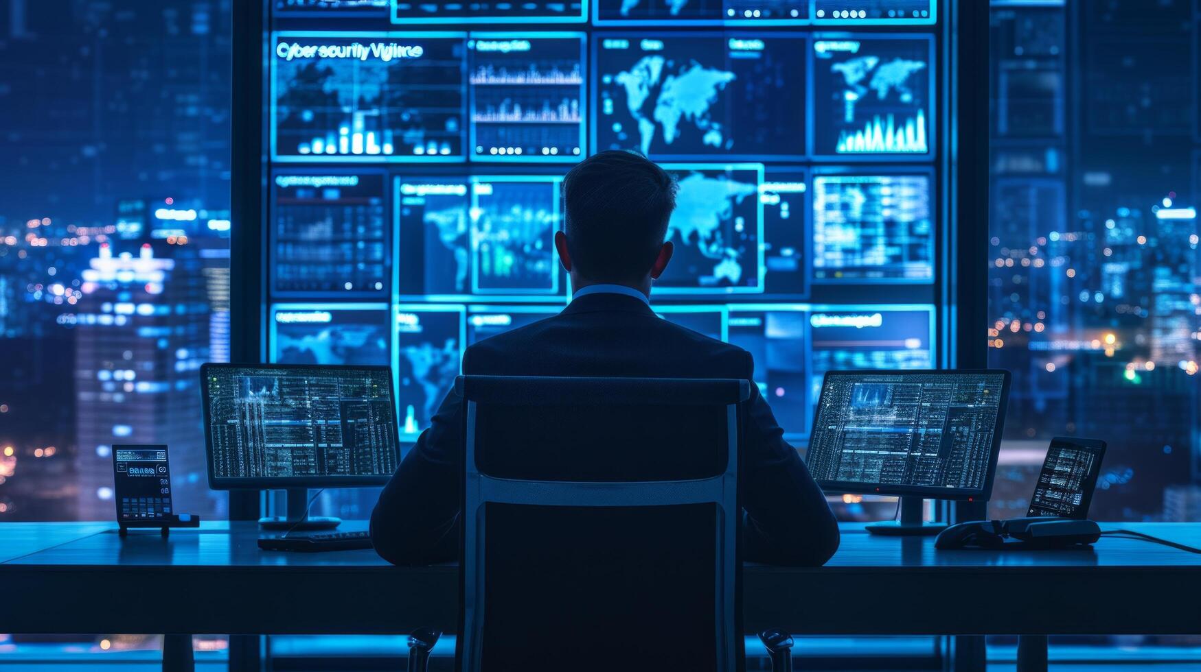 AI generated Business professionals actively monitor electronic data security using AI-driven cybersecurity tools photo