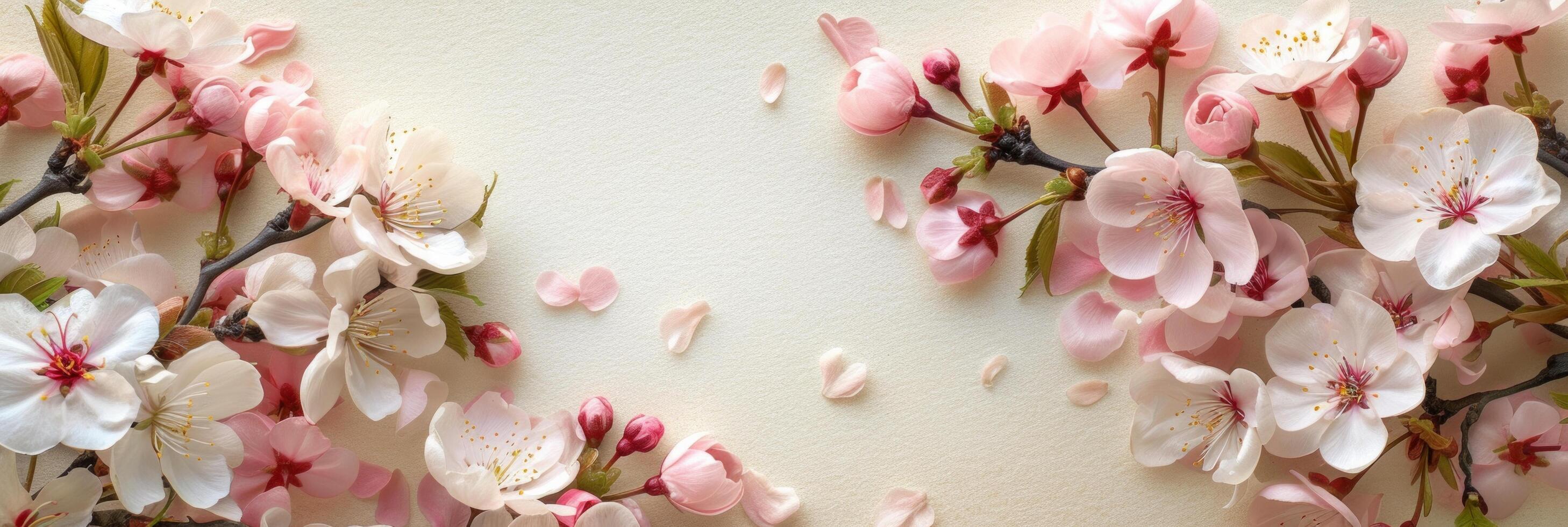 AI generated An elegant arrangement of spring blossoms frames a blank space photo