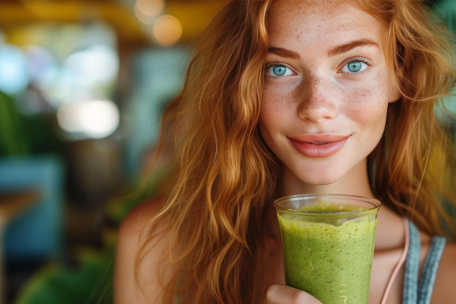 AI generated girl holds a green smoothie photo