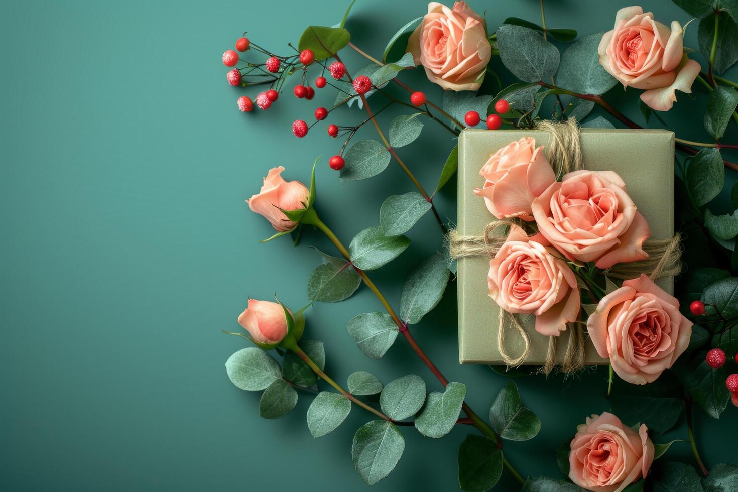 AI generated Luxury Gift Box with Roses on a Green Background photo