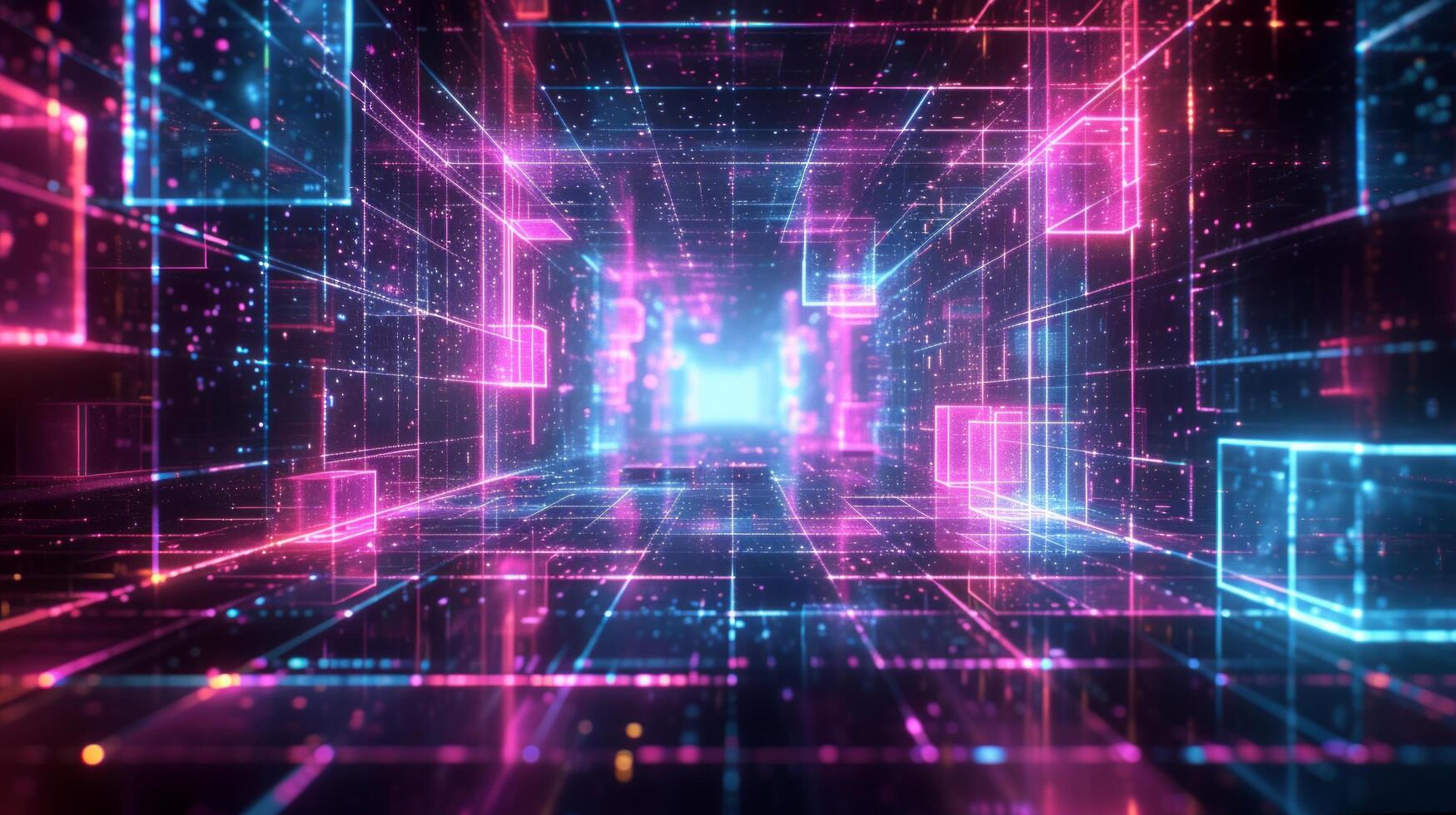 AI generated Intricate neon grids overlay a dark background photo