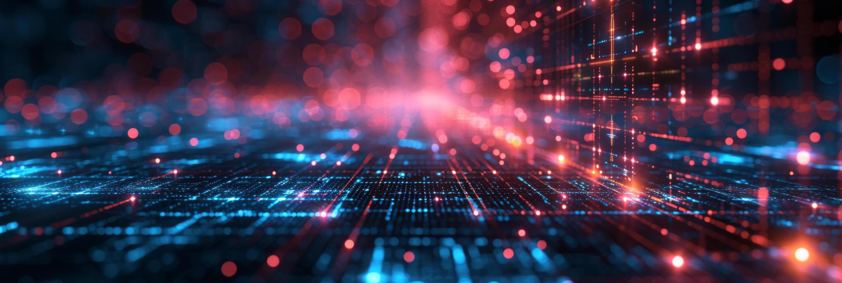 AI generated Intricate neon grids overlay a dark background photo