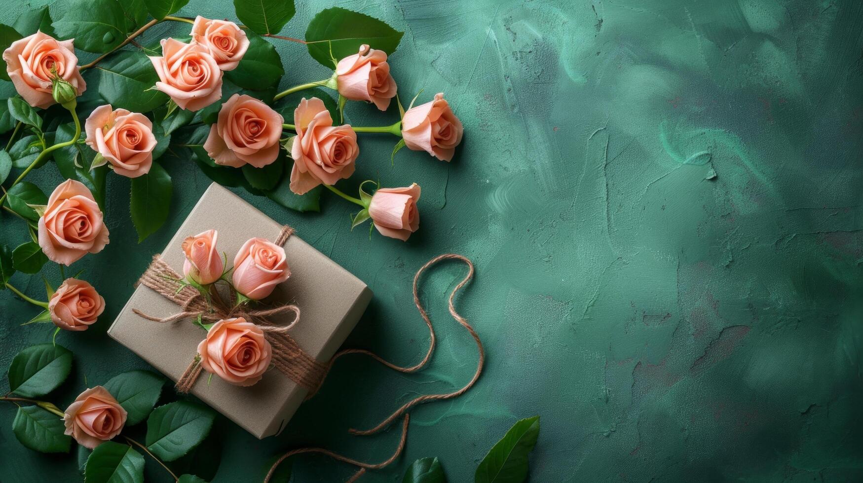 AI generated Luxury Gift Box with Roses on a Green Background photo