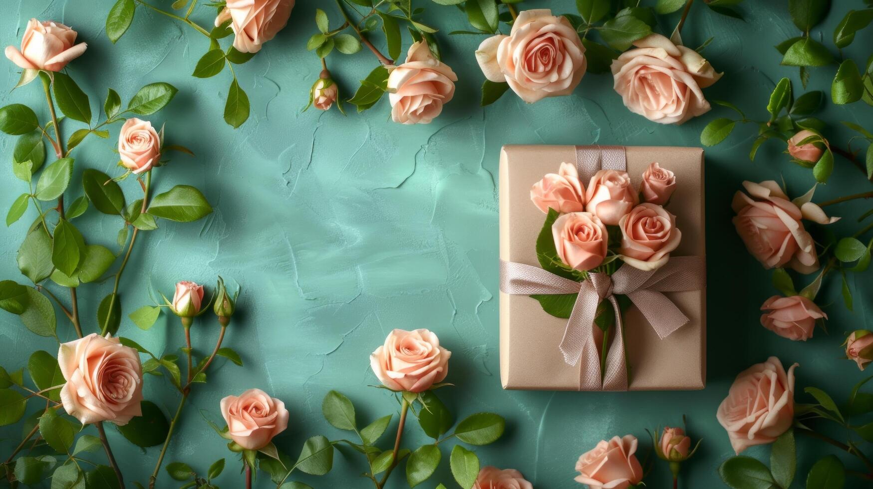 AI generated Luxury Gift Box with Roses on a Green Background photo