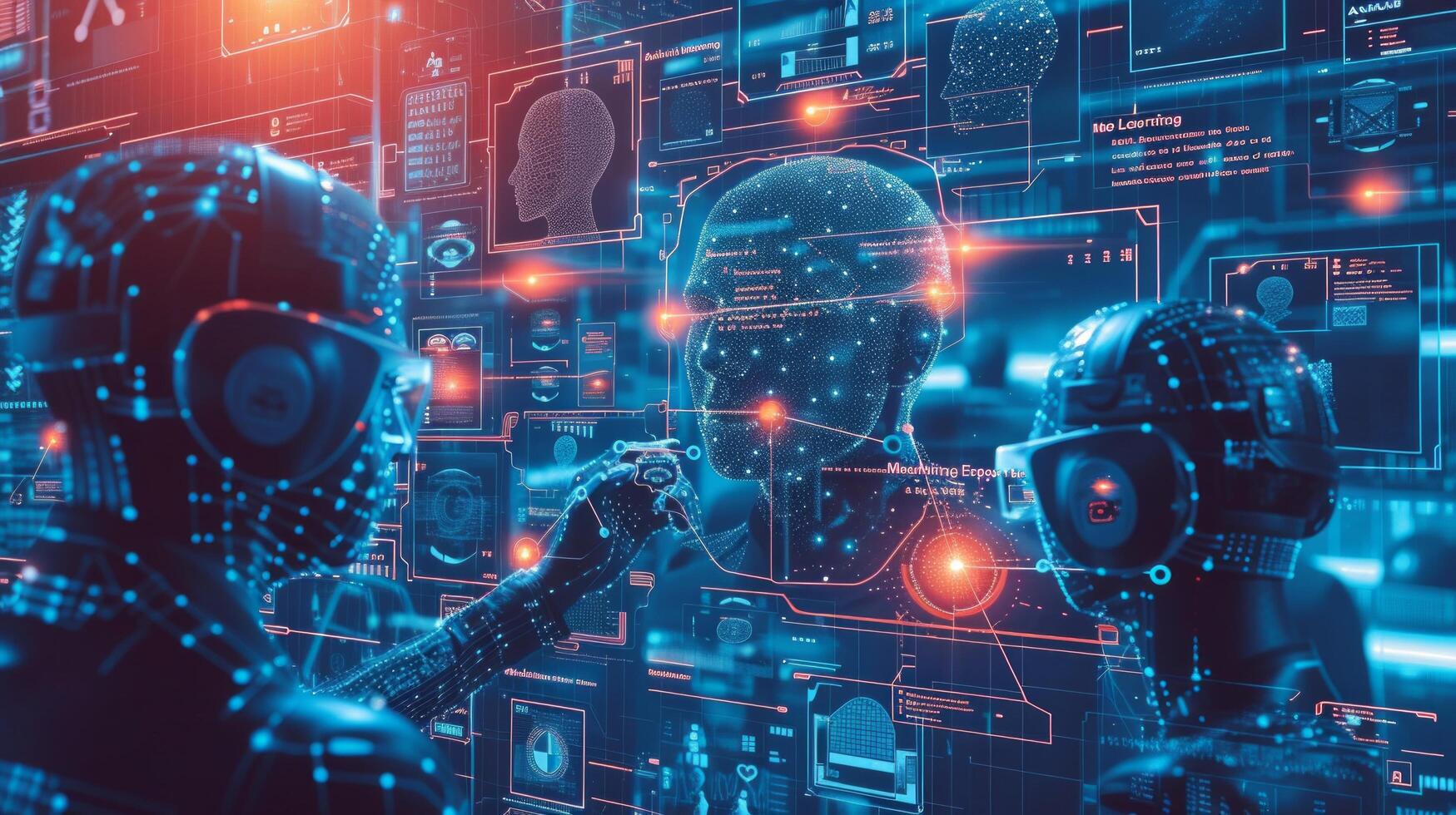 AI generated Business experts engage in a discussion, surrounded by machine learning models and algorithms photo