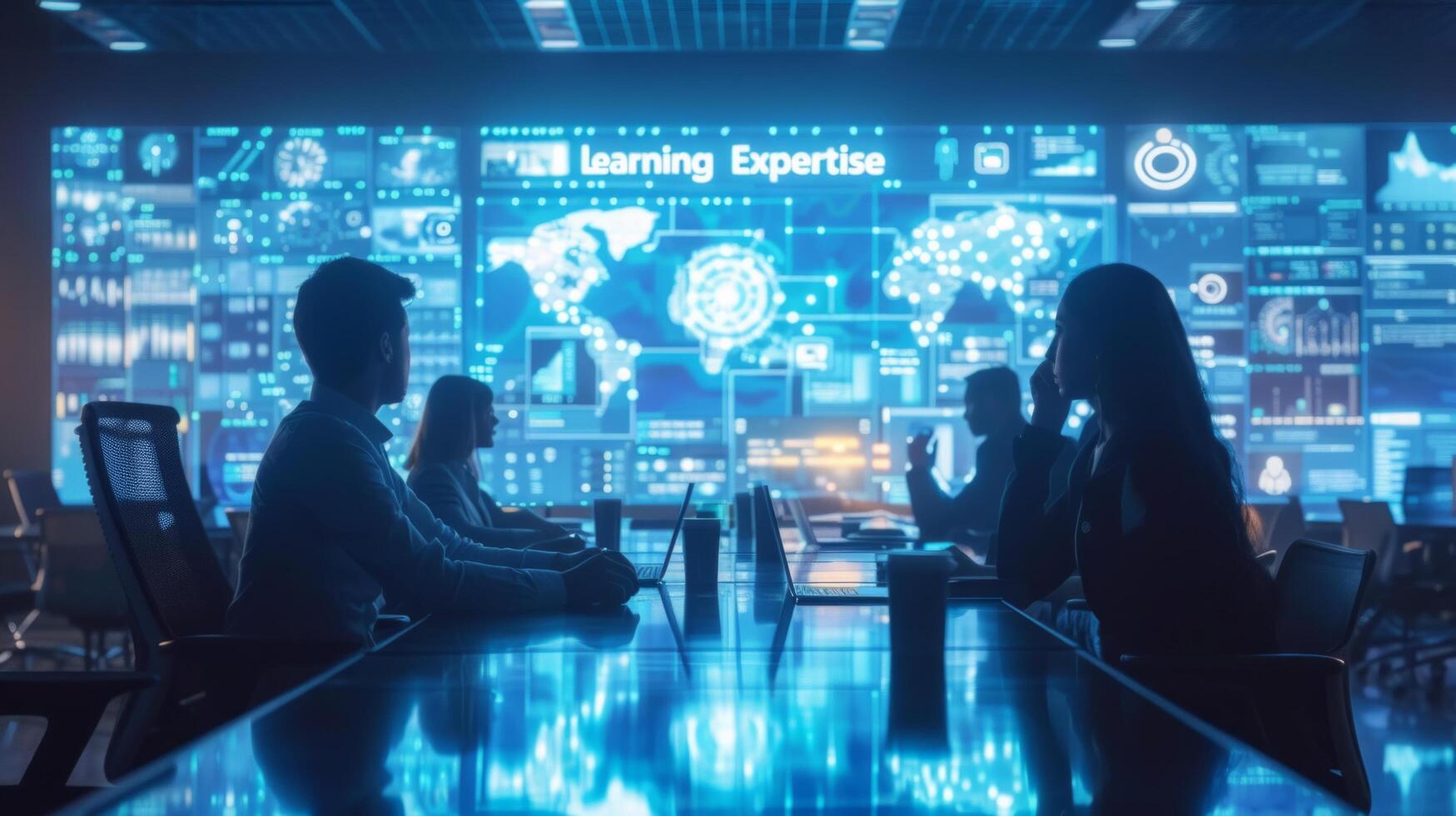 AI generated Business experts engage in a discussion, surrounded by machine learning models and algorithms photo