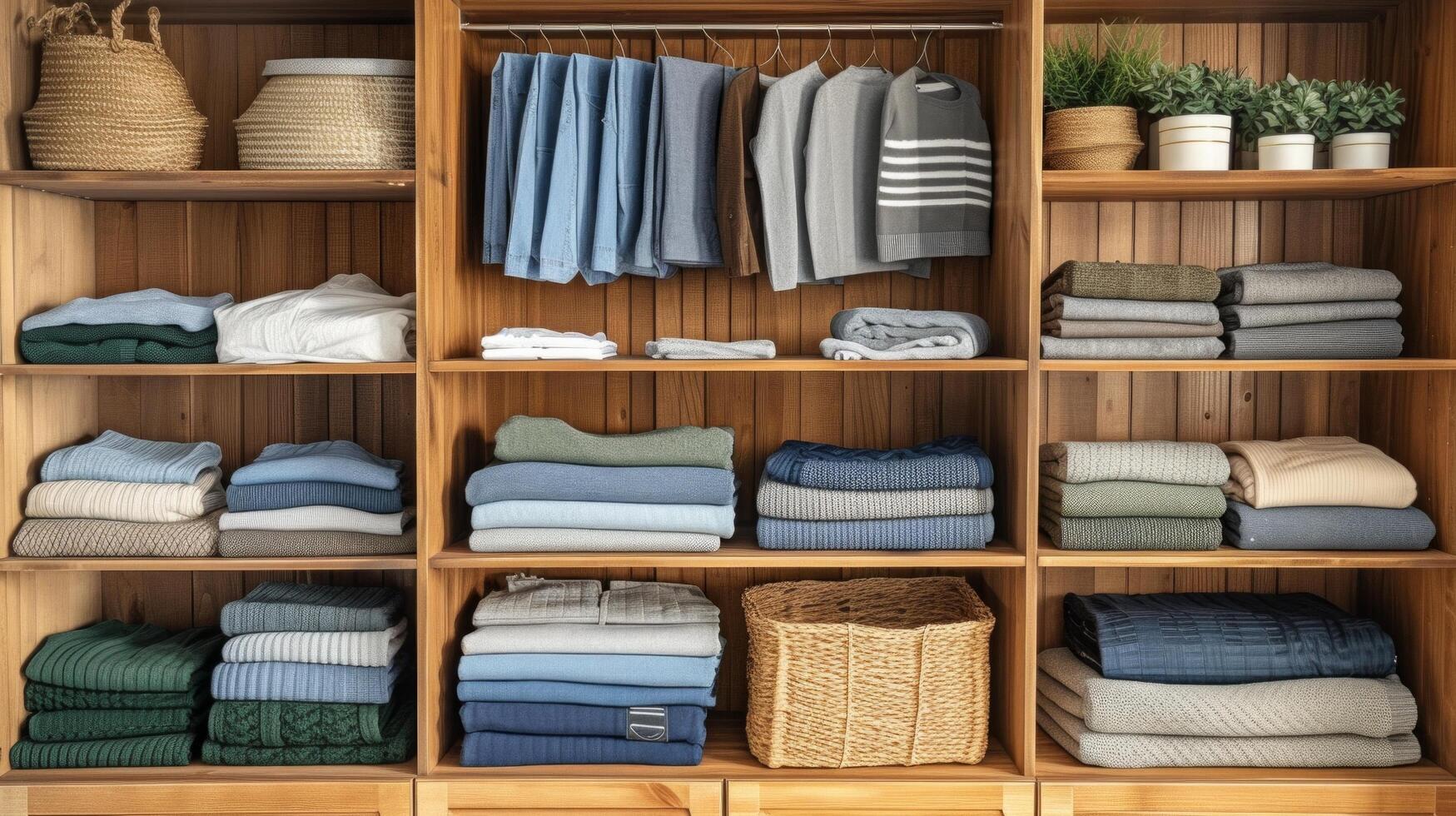 AI generated Organized Closet Storage System with Neatly Folded Items photo