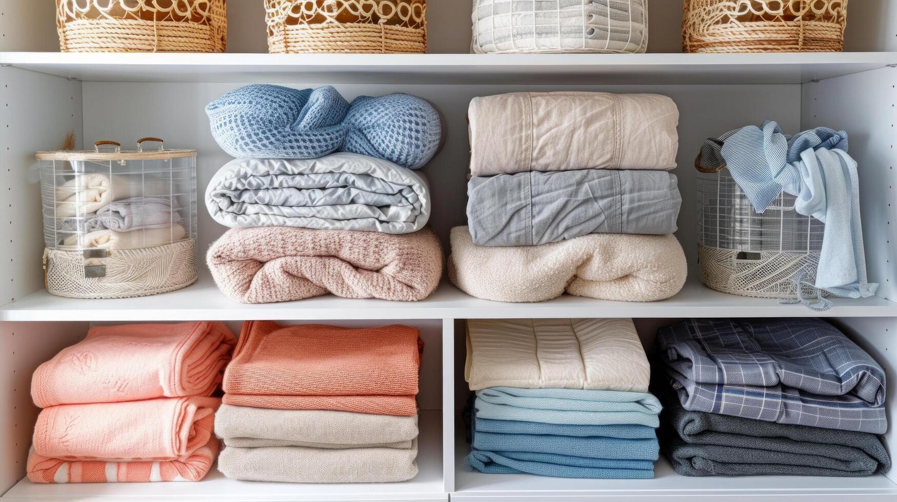 AI generated Organized Closet Storage System with Neatly Folded Items photo