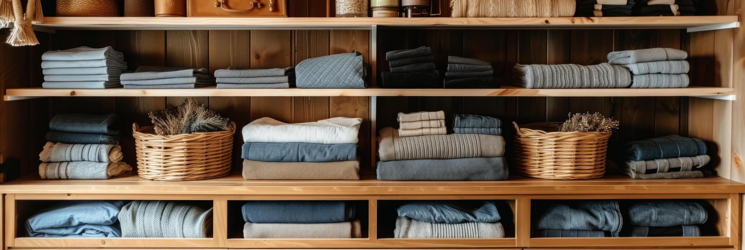 AI generated Organized Closet Storage System with Neatly Folded Items photo