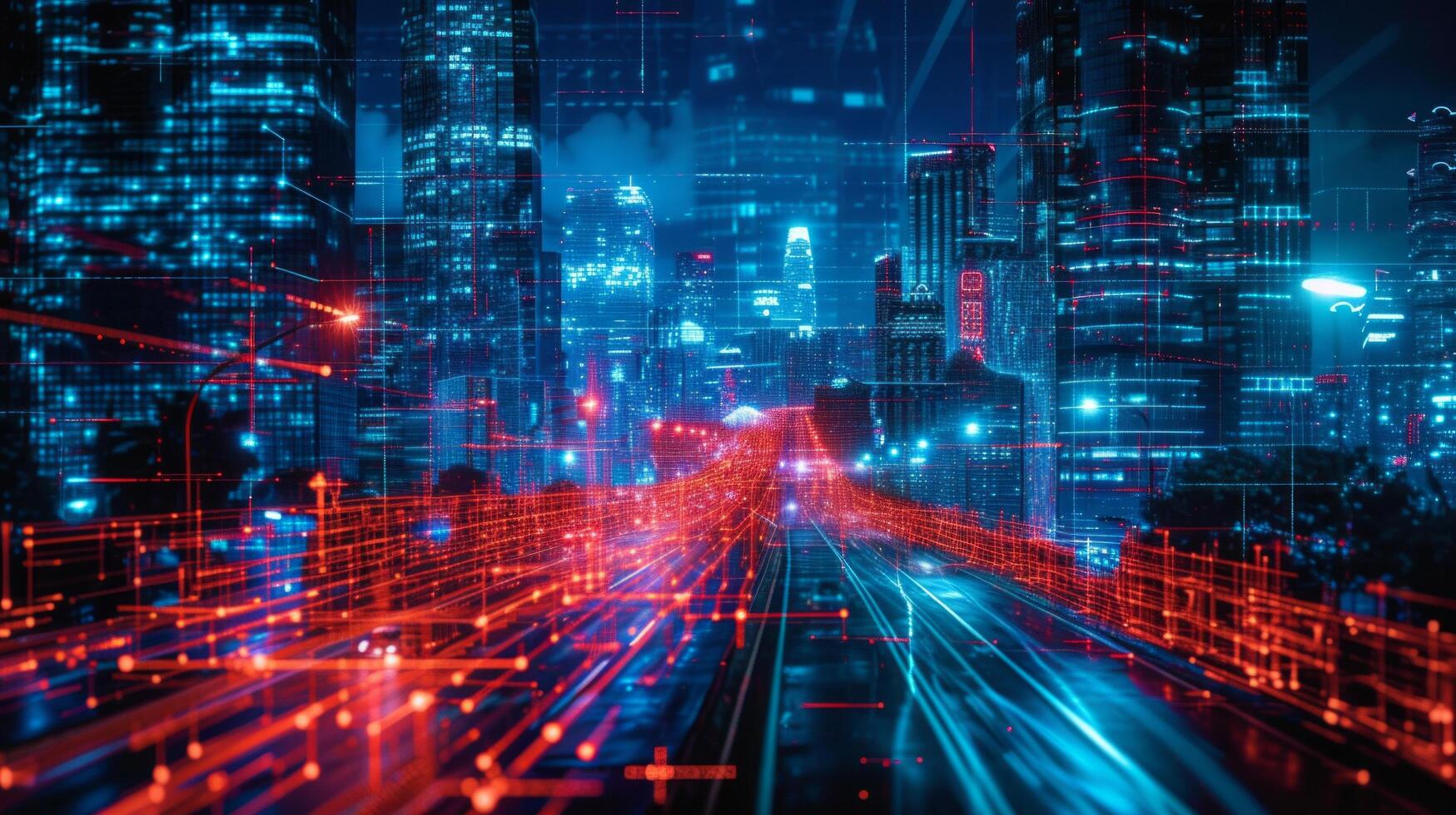 AI generated Artificial Intelligence Takes Control In the darkness, red and blue lines illuminate the city photo