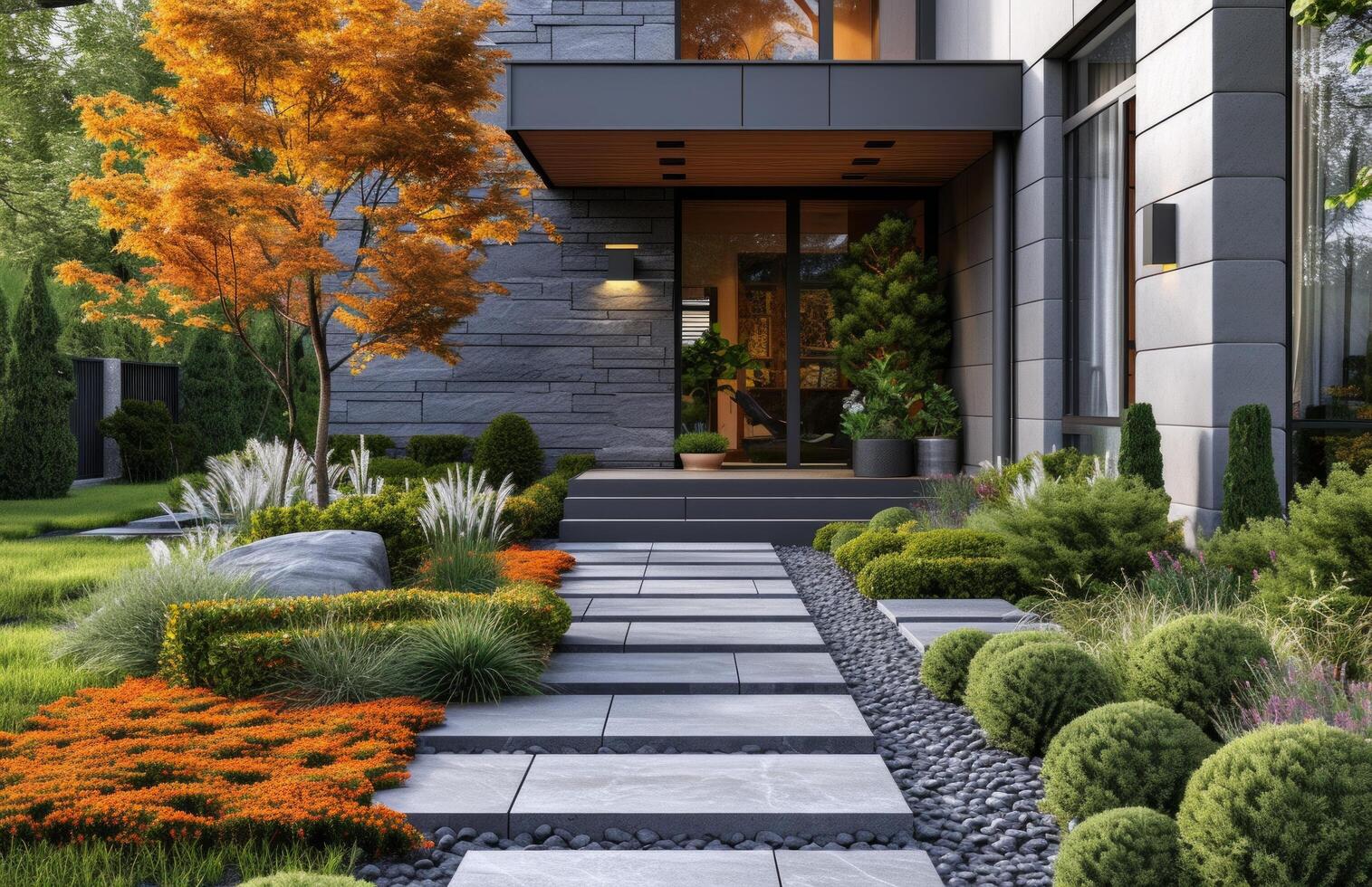 AI generated a front walkway with plants from the ground photo