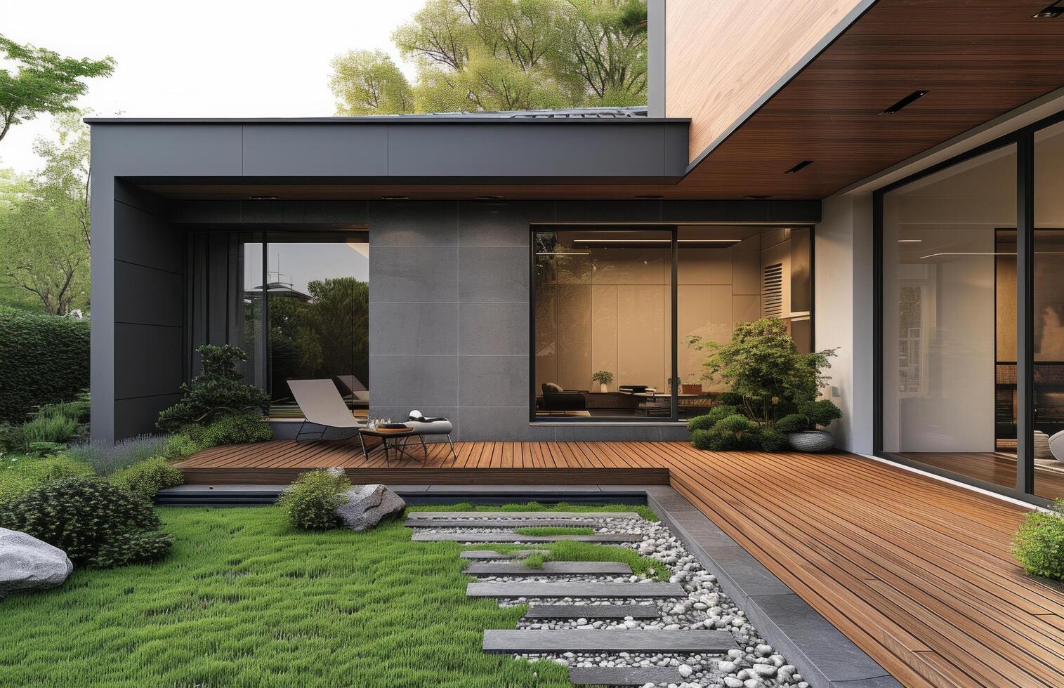 AI generated a home with modern doors, wooden flooring and grass around a garden photo