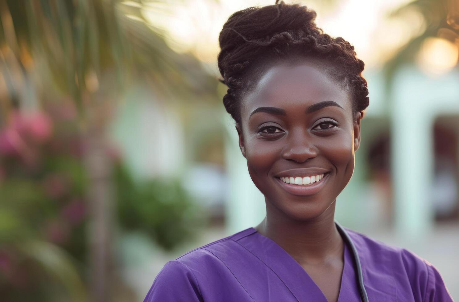 ai generado un enfermero en un púrpura uniforme en pie retrato foto