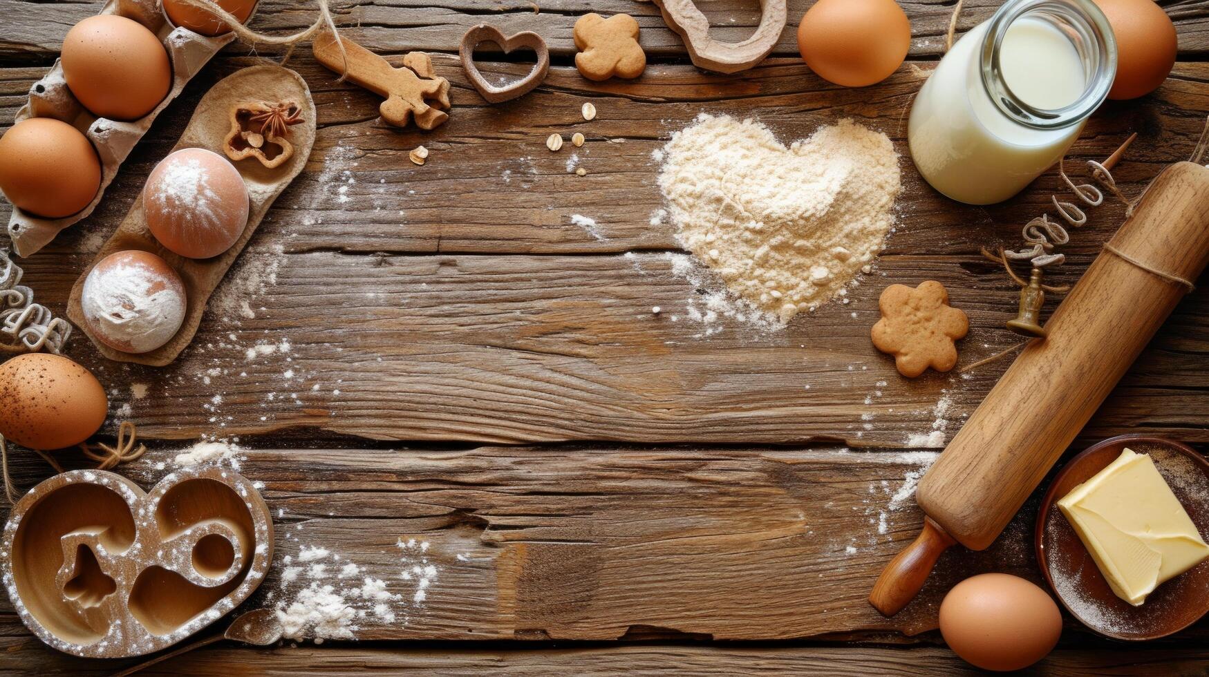 AI generated An old wooden background made of boards, with flour in the shape of a heart sprinkled on it photo