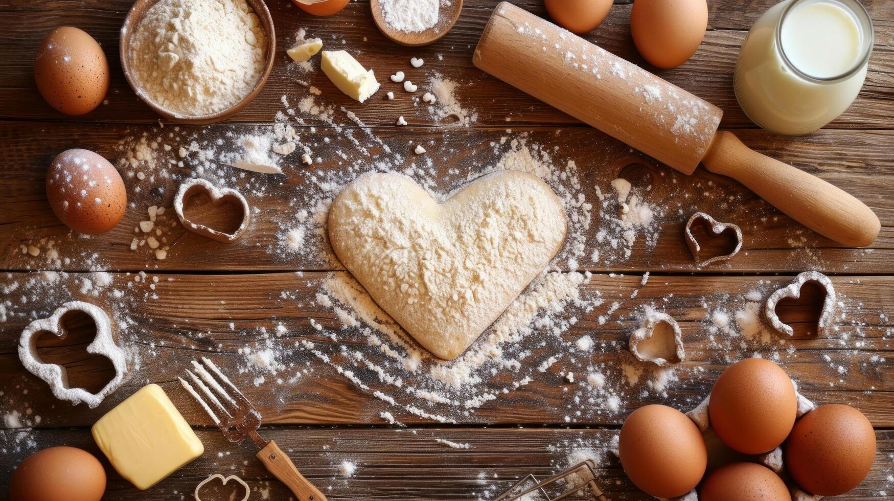 ai generado un antiguo de madera antecedentes hecho de tableros, con harina en el forma de un corazón rociado en eso foto