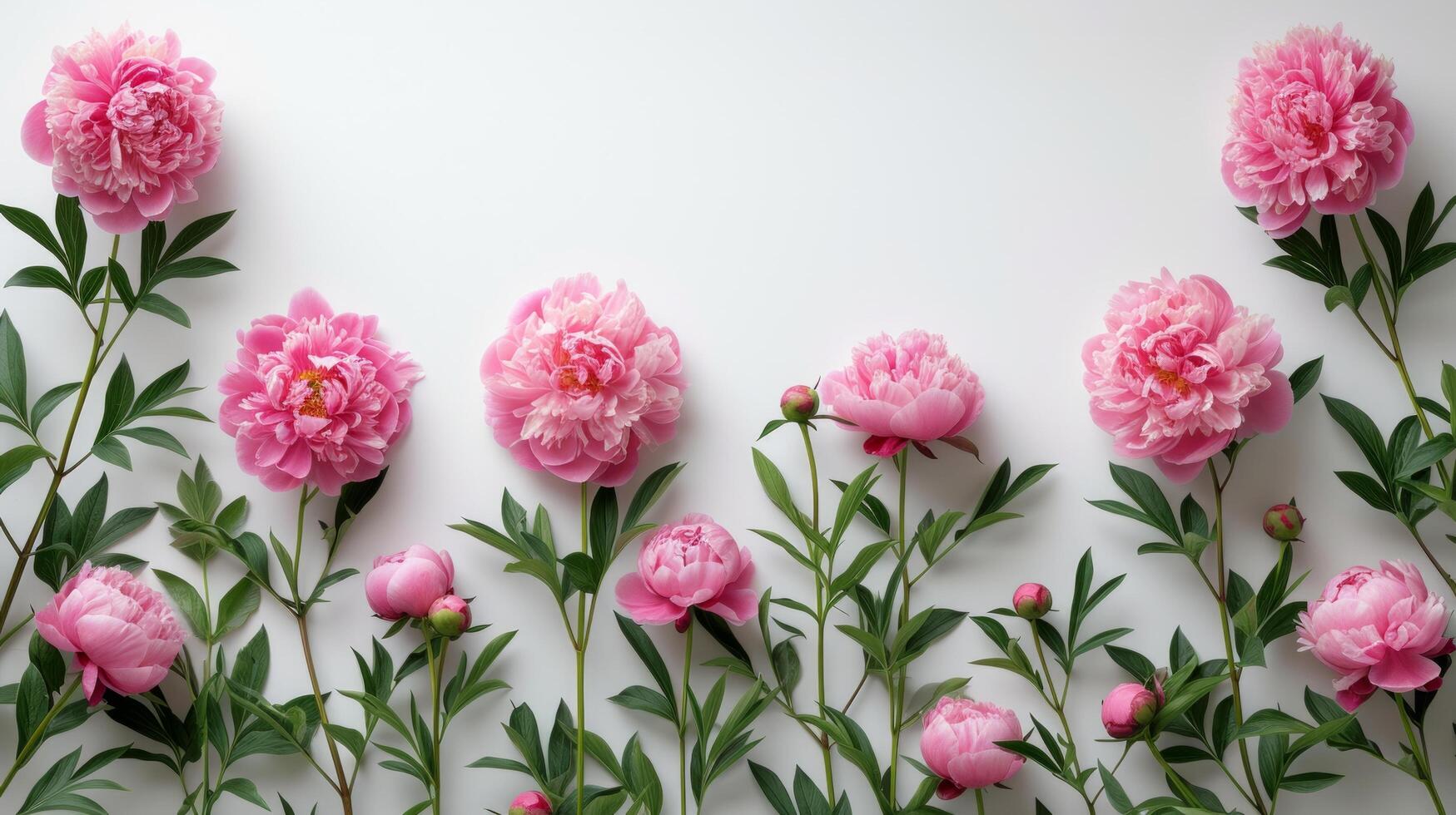 AI generated Beautiful minimalistic white background with pink peonies on the side photo