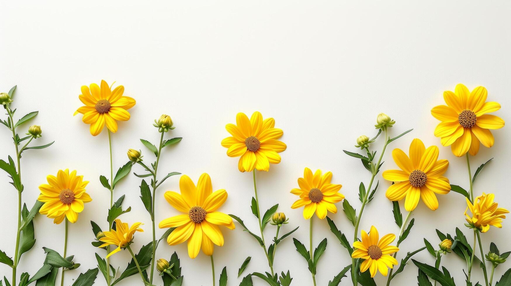 AI generated Beautiful minimalistic white background with yellow daisies on the side photo