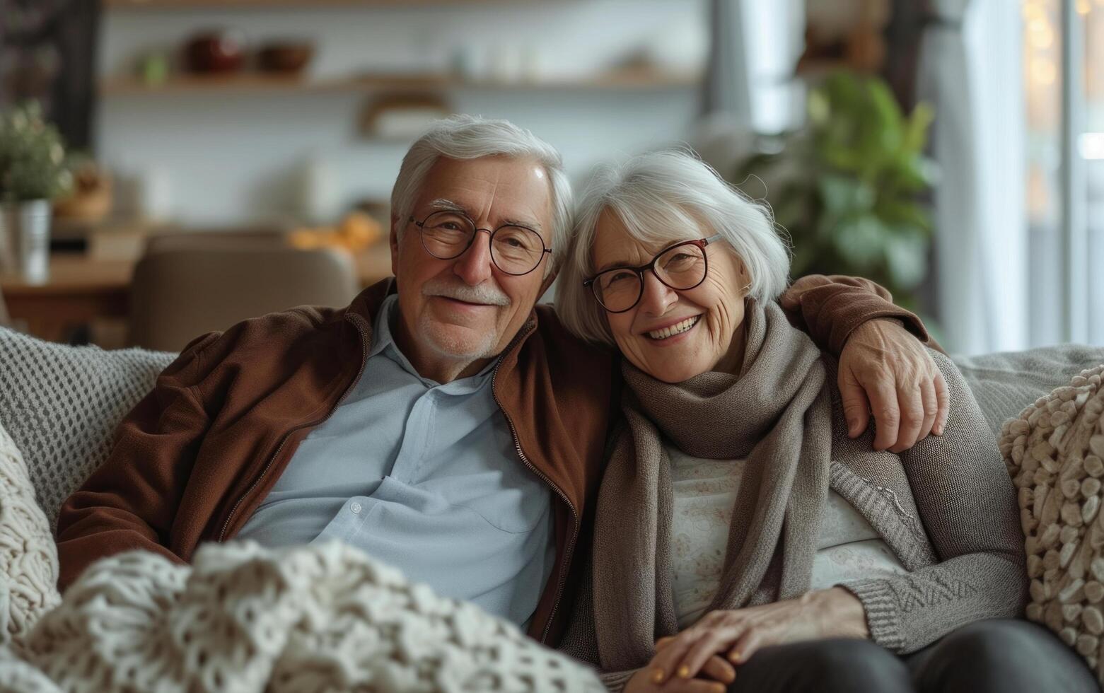 ai generado abuelos sentado en sofá disfrutando el bueno ocasión foto