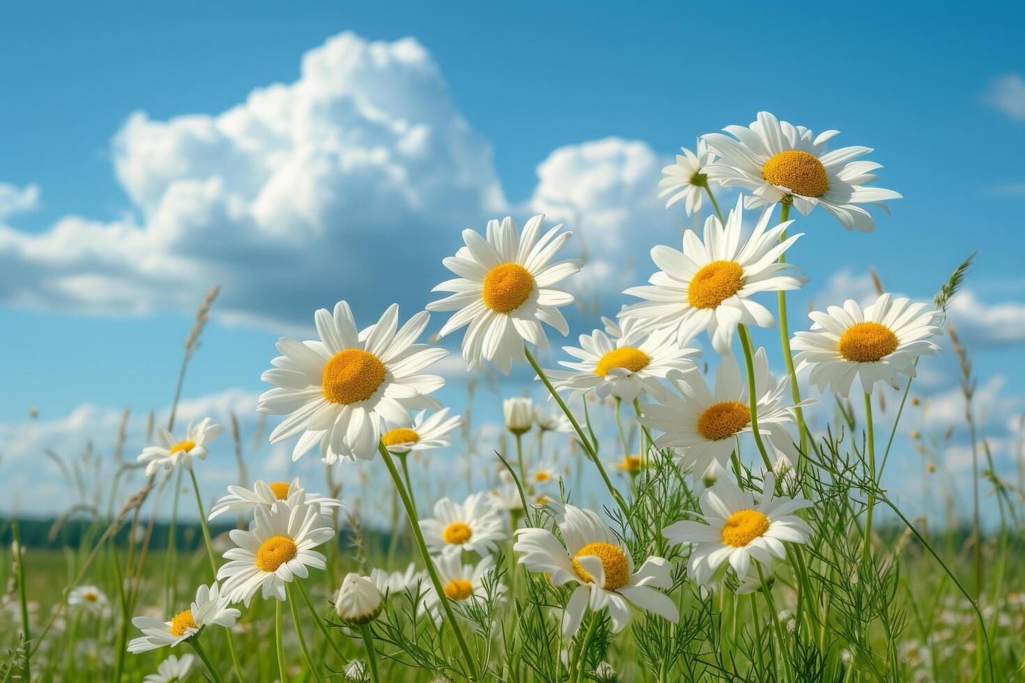 AI generated wild daisies and cloudy sky summer background photo