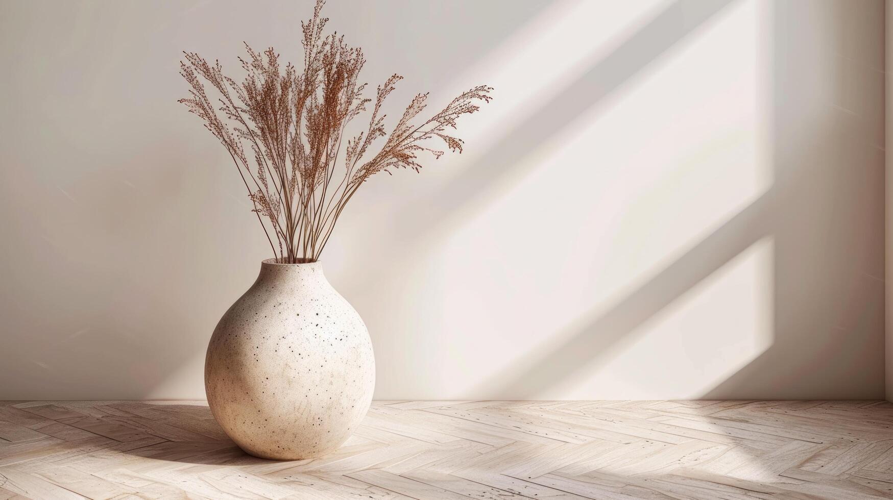 AI generated A beautiful stone minimalist vase with dried plants stands on a light wooden parquet floor. photo