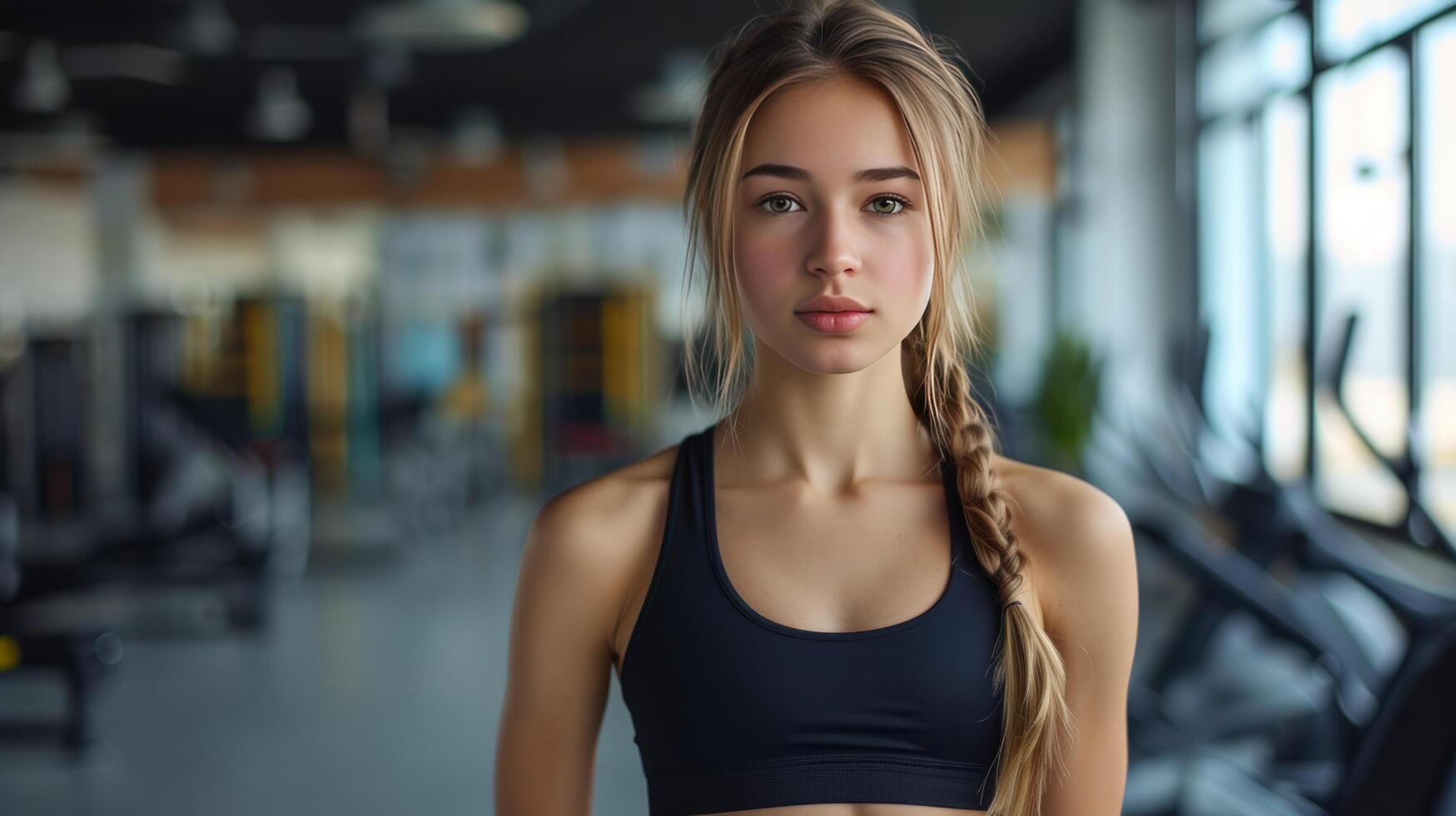 AI generated A beautiful young girl in black leggings and a black top stands against the backdrop of the gym. photo