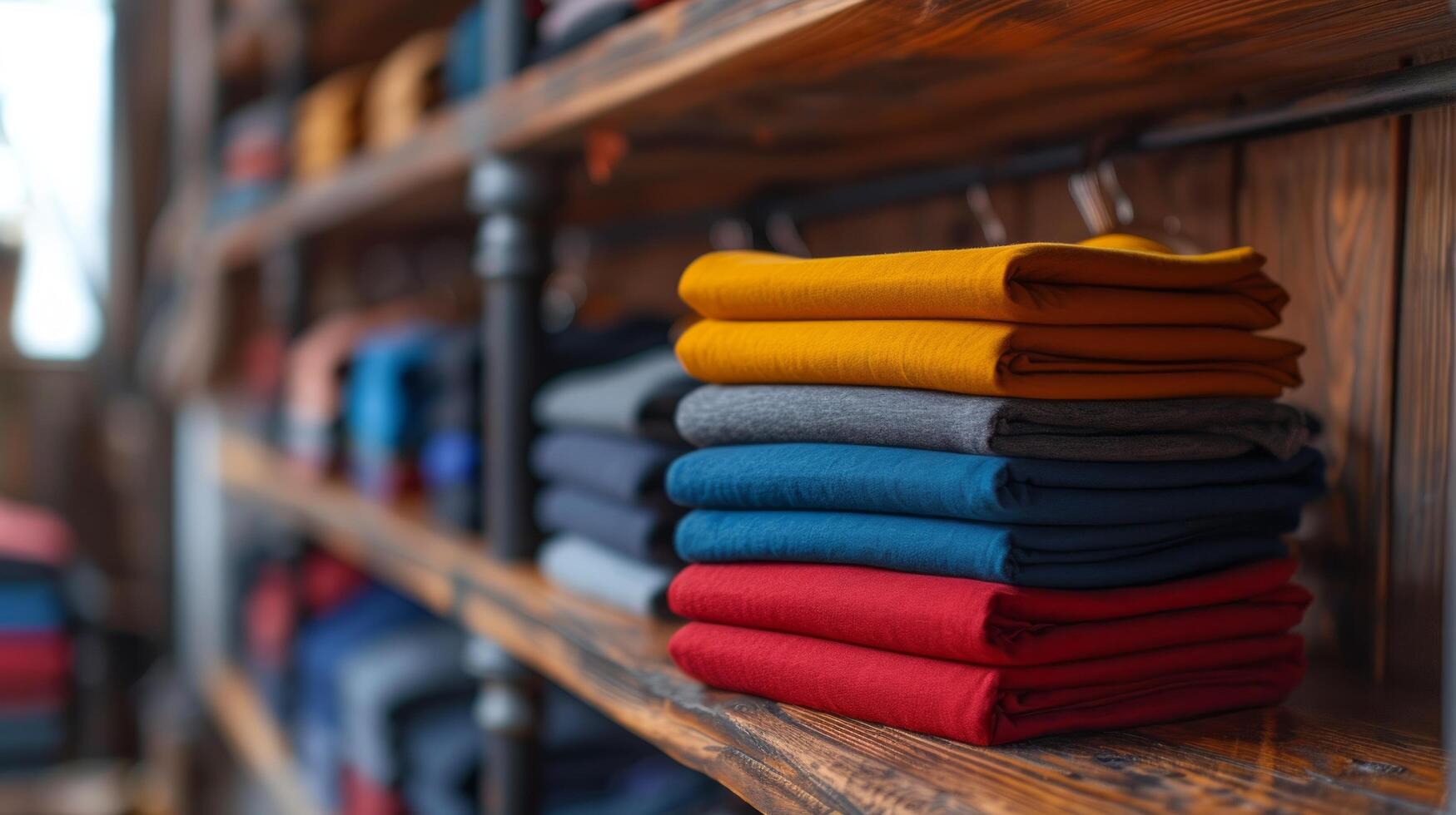 AI generated A stack of T-shirts lie side by side on a closet shelf. photo
