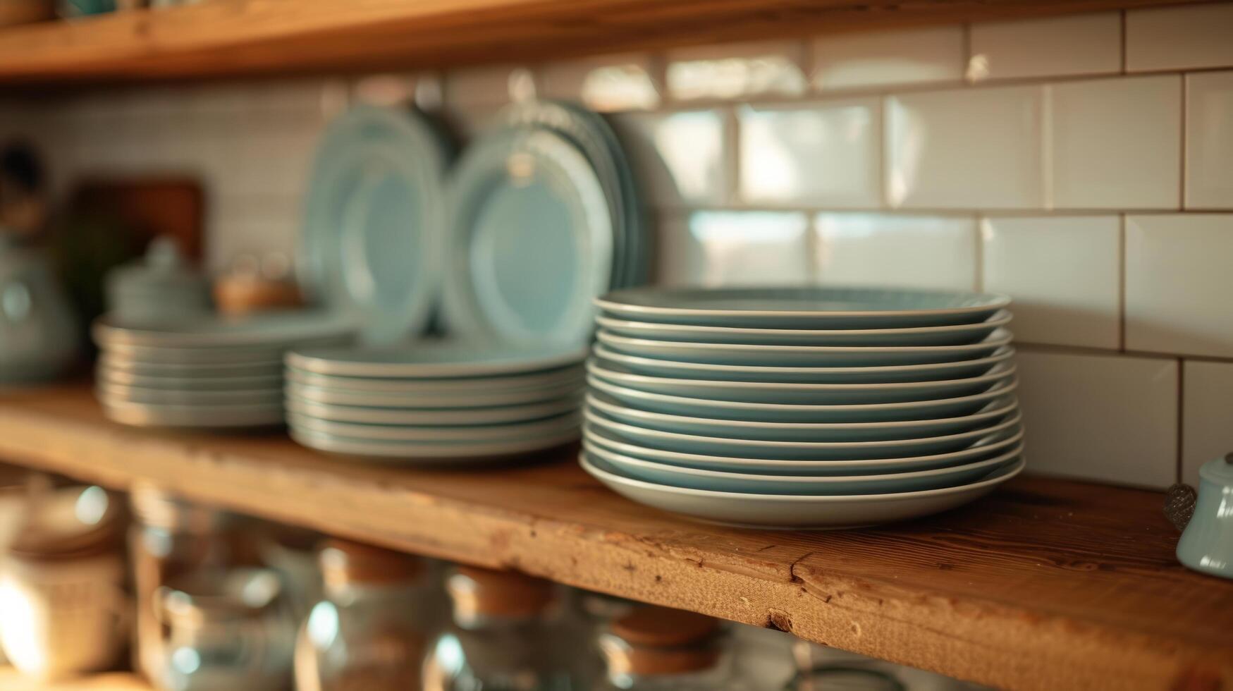 AI generated A stack of plates sit neatly on the kitchen shelf photo