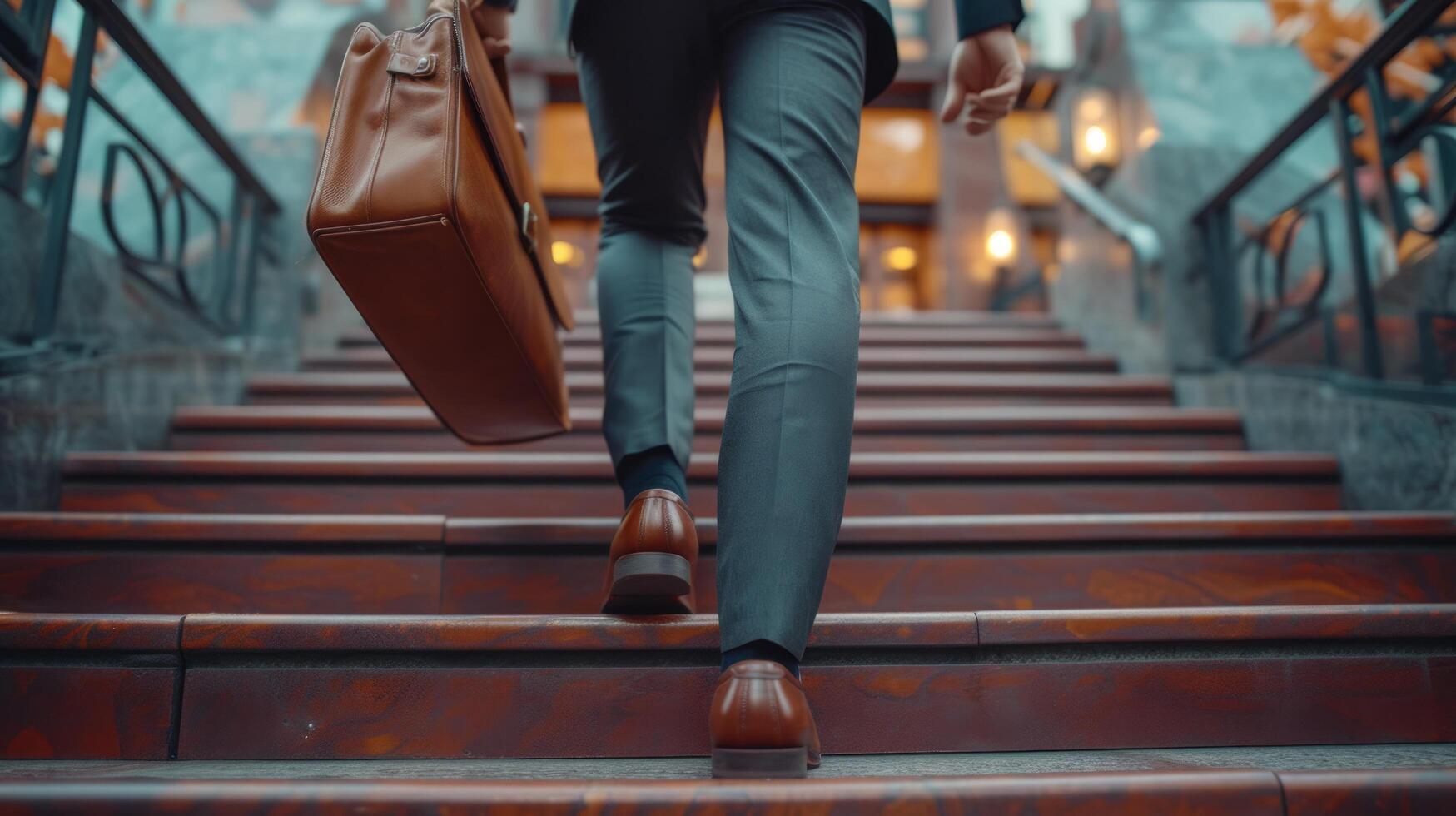 ai generado un joven hombre en un traje con un marrón cuero maletín y marrón cuero Zapatos sube el escaleras. foto