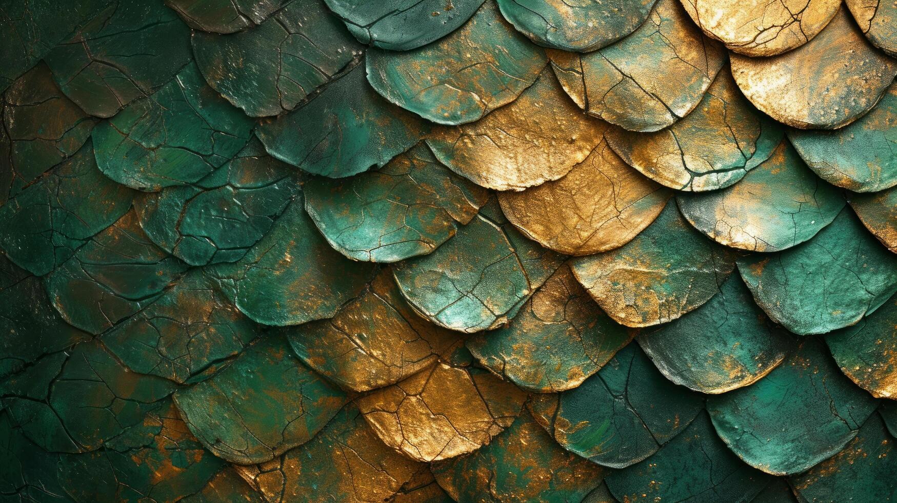 AI generated Abstract beautiful background from dragon scales. Gold and green tones. photo