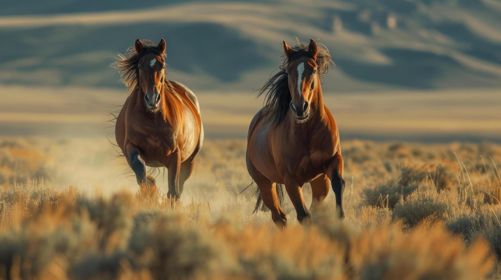 ai generado dos mustangs galope a través de un interminable americano campo . foto