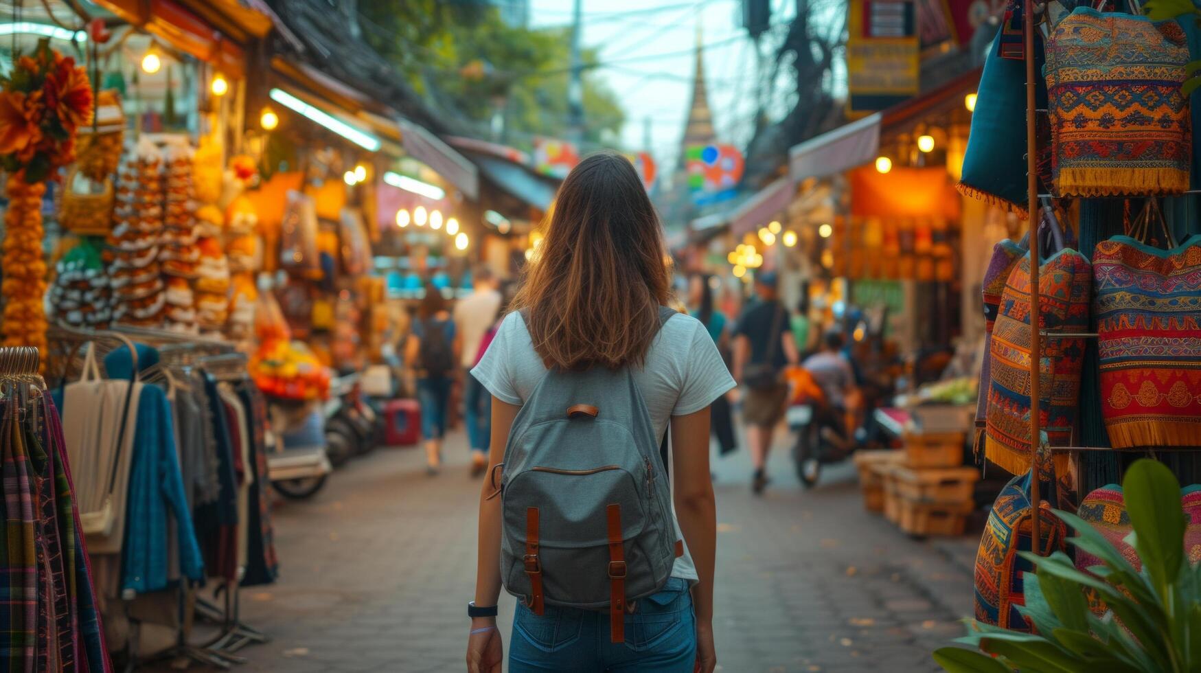 AI generated A backpacker exploring a colorful, bustling street market. photo