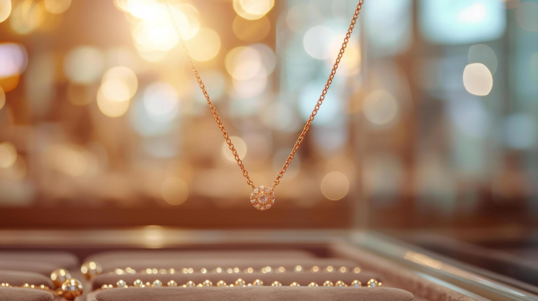 AI generated A beautiful gold necklace lies in the window of a jewelry store. photo