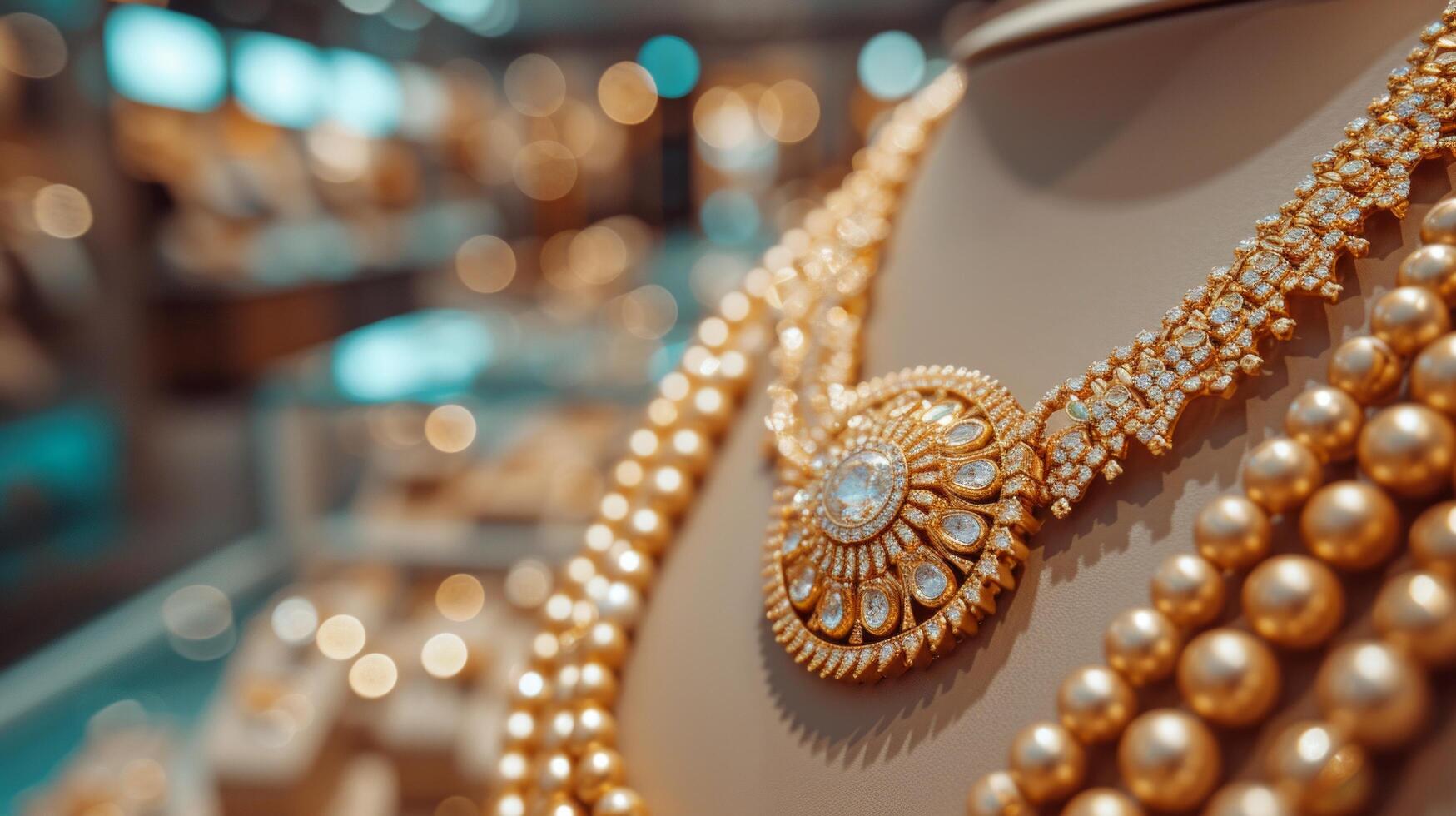 AI generated A beautiful gold necklace lies in the window of a jewelry store. photo