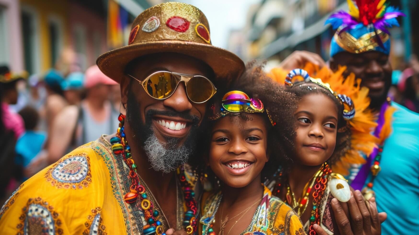 ai generado un familia en pareo carnaval trajes, sonriente y celebrando juntos en el corazón de mardi hierba foto