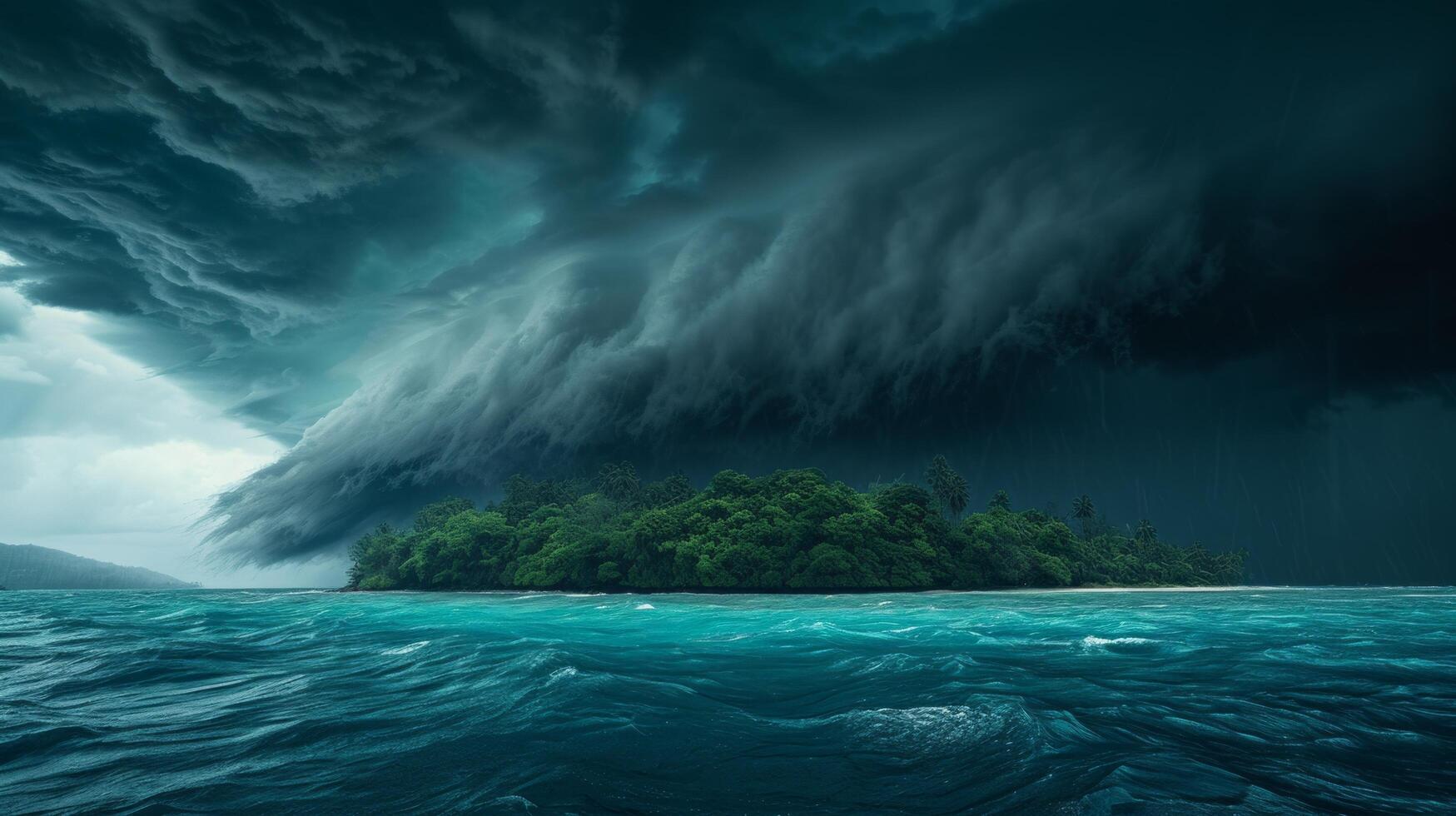 AI generated A powerful hurricane looms over a small island, with dark clouds and fierce winds photo