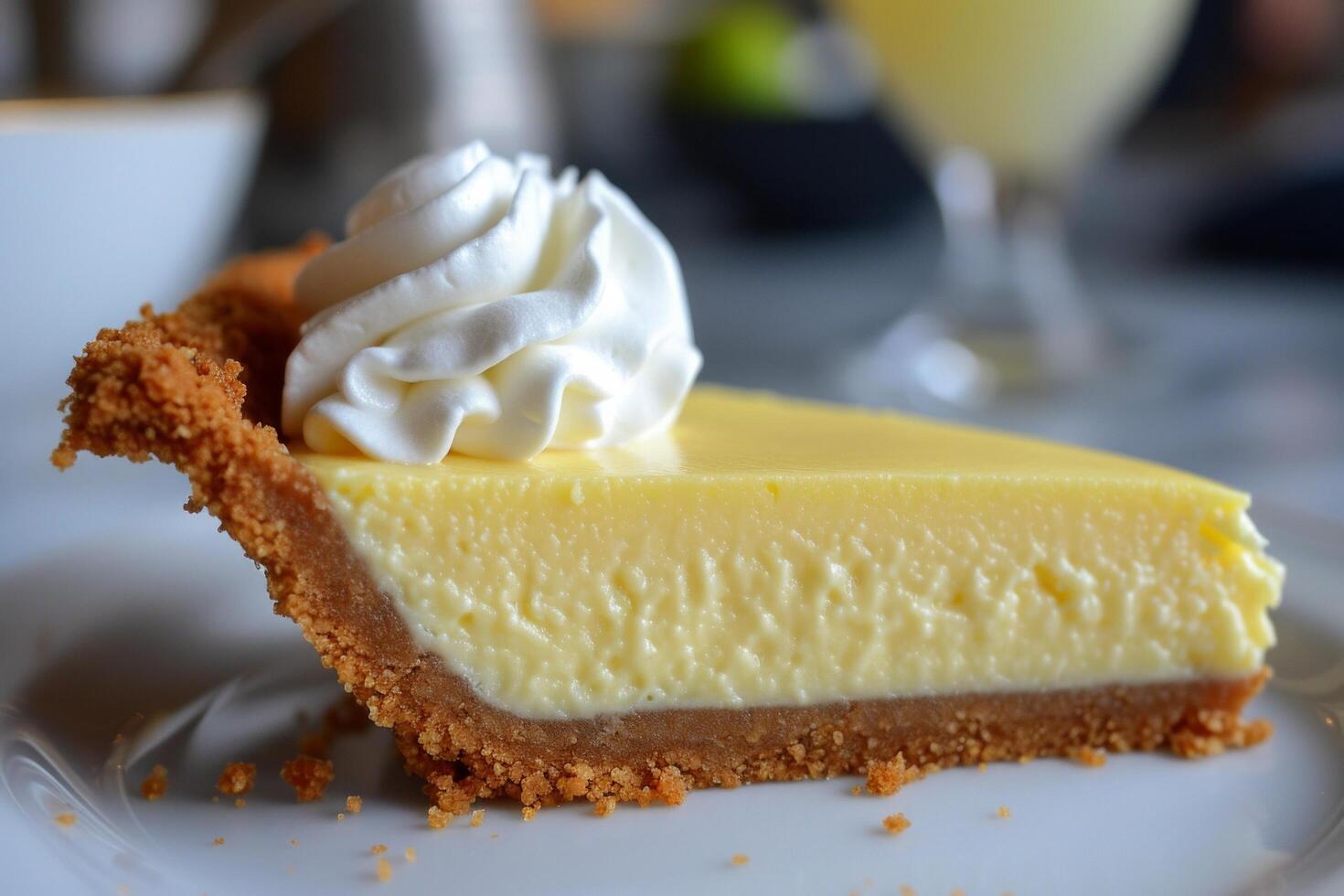 AI generated A slice of key lime pie, featuring a tangy citrus filling in a buttery graham cracker crust, topped with whipped cream. photo