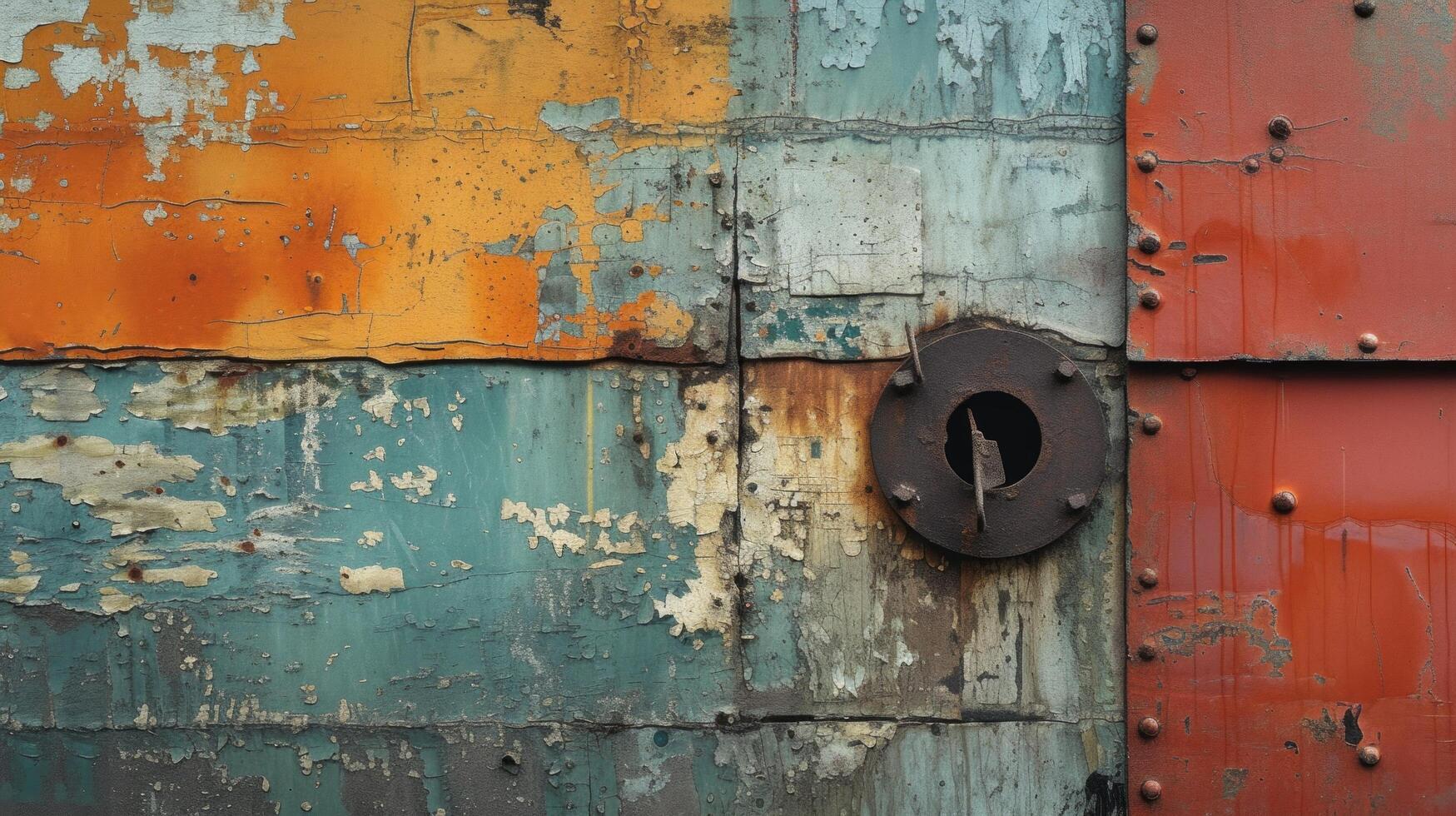 AI generated An abstract representation of urban decay, featuring rusty metal, chipped paint, and fragmented surfaces. photo